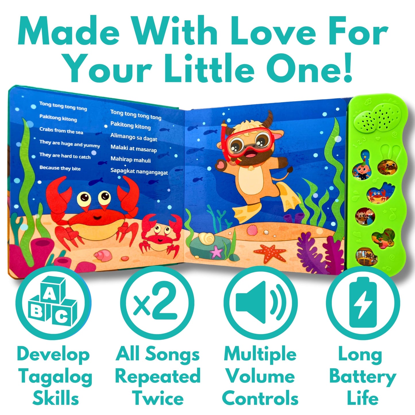 Tin Tin Learns Tagalog Vol. 3 — Interactive Sound Board Book for Toddlers 1-3, Bilingual English & Filipino Songs & Nursery Rhymes, Talking Musical Book, Musical Toy Gift for Babies & Kids