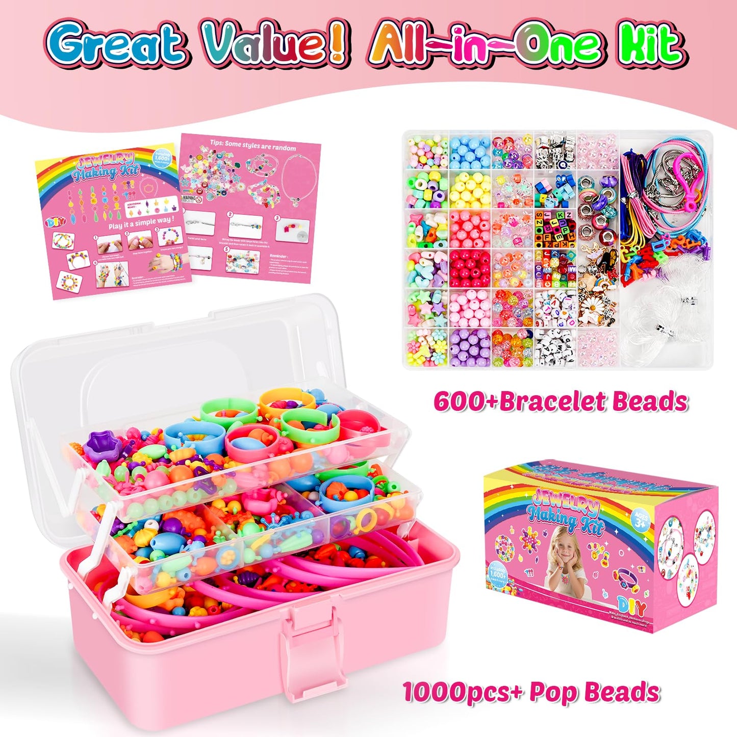 FUNZBO 1600 Pcs Pop Beads with Bracelet Making Kit, Jewelry Making Kit for Little Girls, Arts and Crafts Toys, Necklace Bracelet Ring Snap Set, Birthday Gifts for Kids Ages 3-9 Years Old