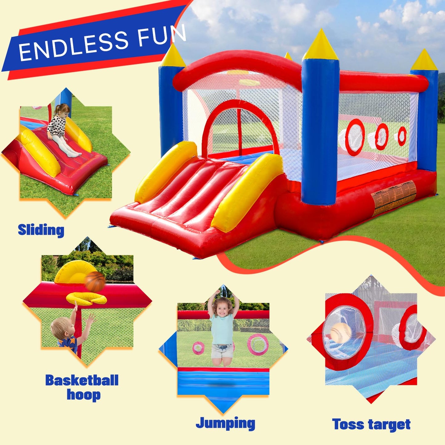 Hongcoral PVC Bounce House, Heavy-Duty Jumping Castle with Large Slide, 450LBS Capacity, Inflatable Bouncer with Blower - for Kids' Indoor & Outdoor Fun