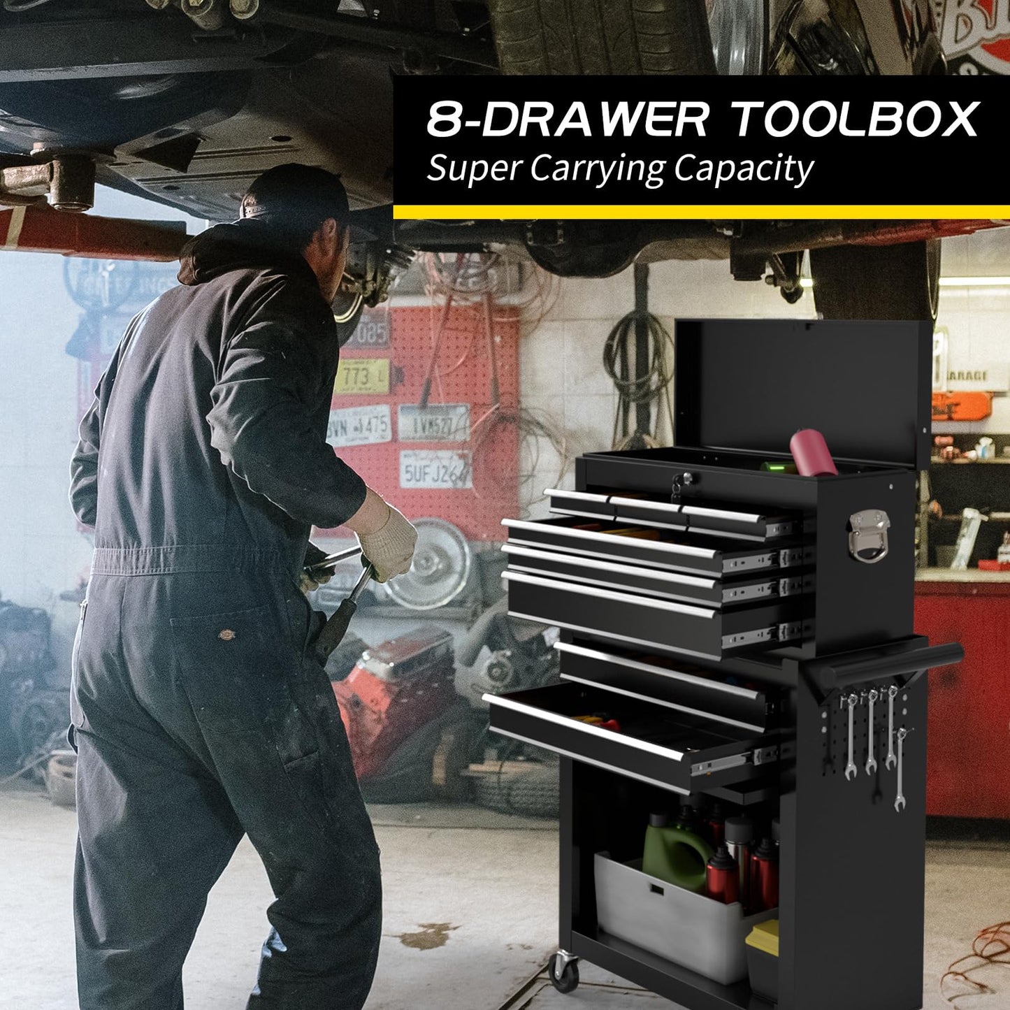 On Shine 8 Drawer Rolling Tool Chest, Large Capacity Rolling Tool Box with Wheels, Locking Mechanical Tool Chest, Portable Tool Box with Sliding Drawers for Garage Workshop and Tool Room (Black)