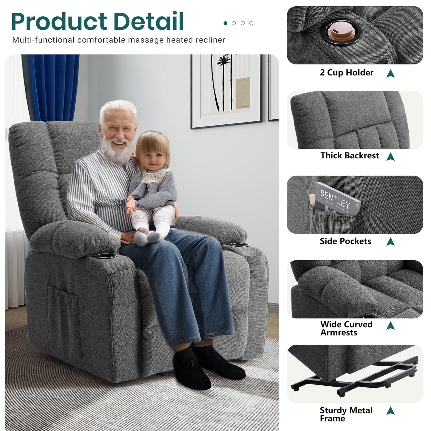DUMOS Power Lift Recliner Chair with Vibration Massage and Heat for Elderly, Ergonomic Overstuffed Breathable Fabric Reclining Chair with 3 Pockets, Remote Control, Living Room, Bedroom, Grey