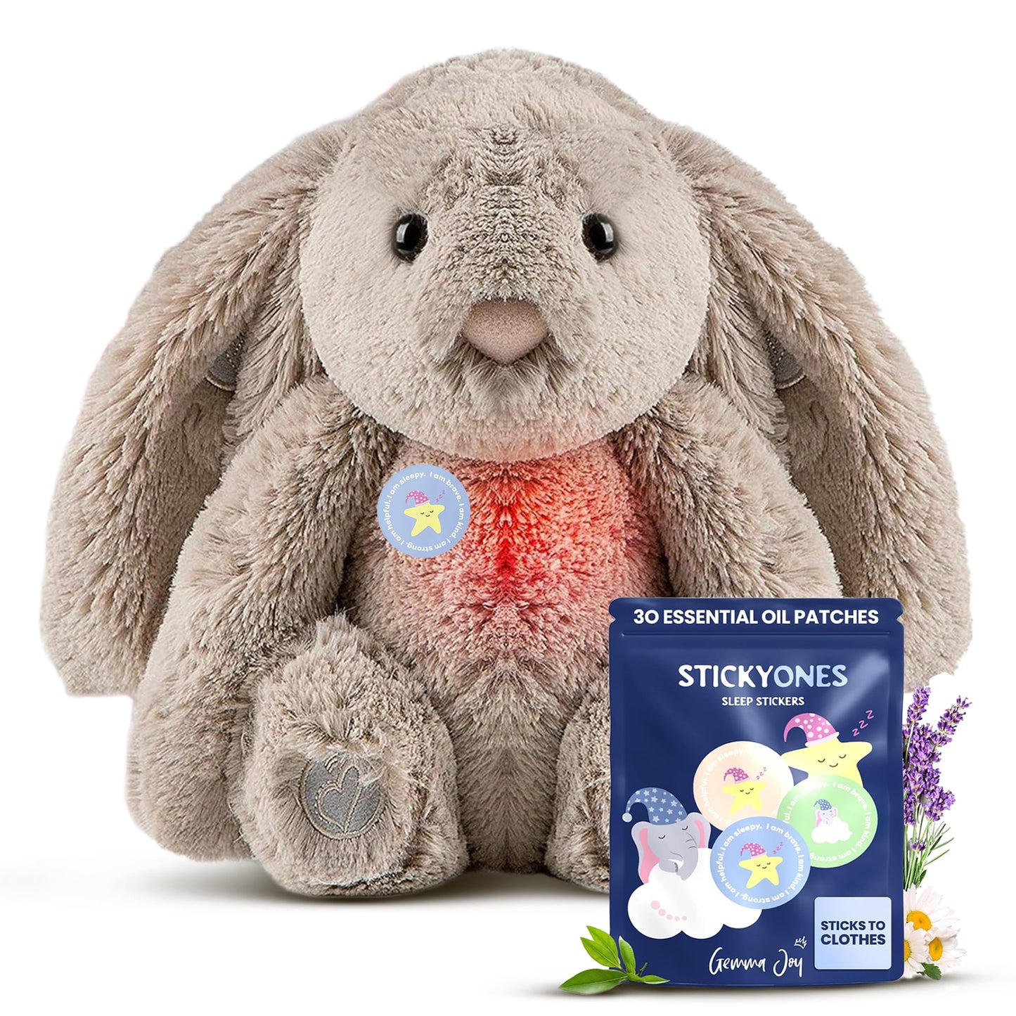 Gemma Joy Bedtime Baby Soothers & StickyOnes Sleep Patches - Cry Activated Heartbeat Bunny Plush Toy, Stuffed Animal with Calming Light & All-Natural, No Melatonin Bedtime Patches for Kids and Baby