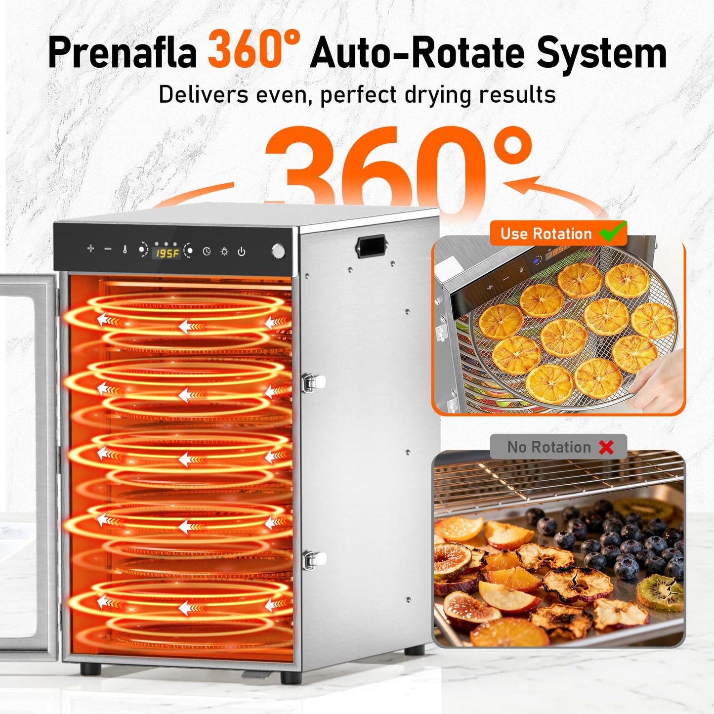 Prenafla Commercial 360° Rotating Food Dehydrator 16 Trays, 12.2ft² Large Capacity Food Dryer Machine for Jerky, 1600W Food Dryer with 194°F Temp & 24H Time Control for Herbs, Fruit, Meat, Yogurt