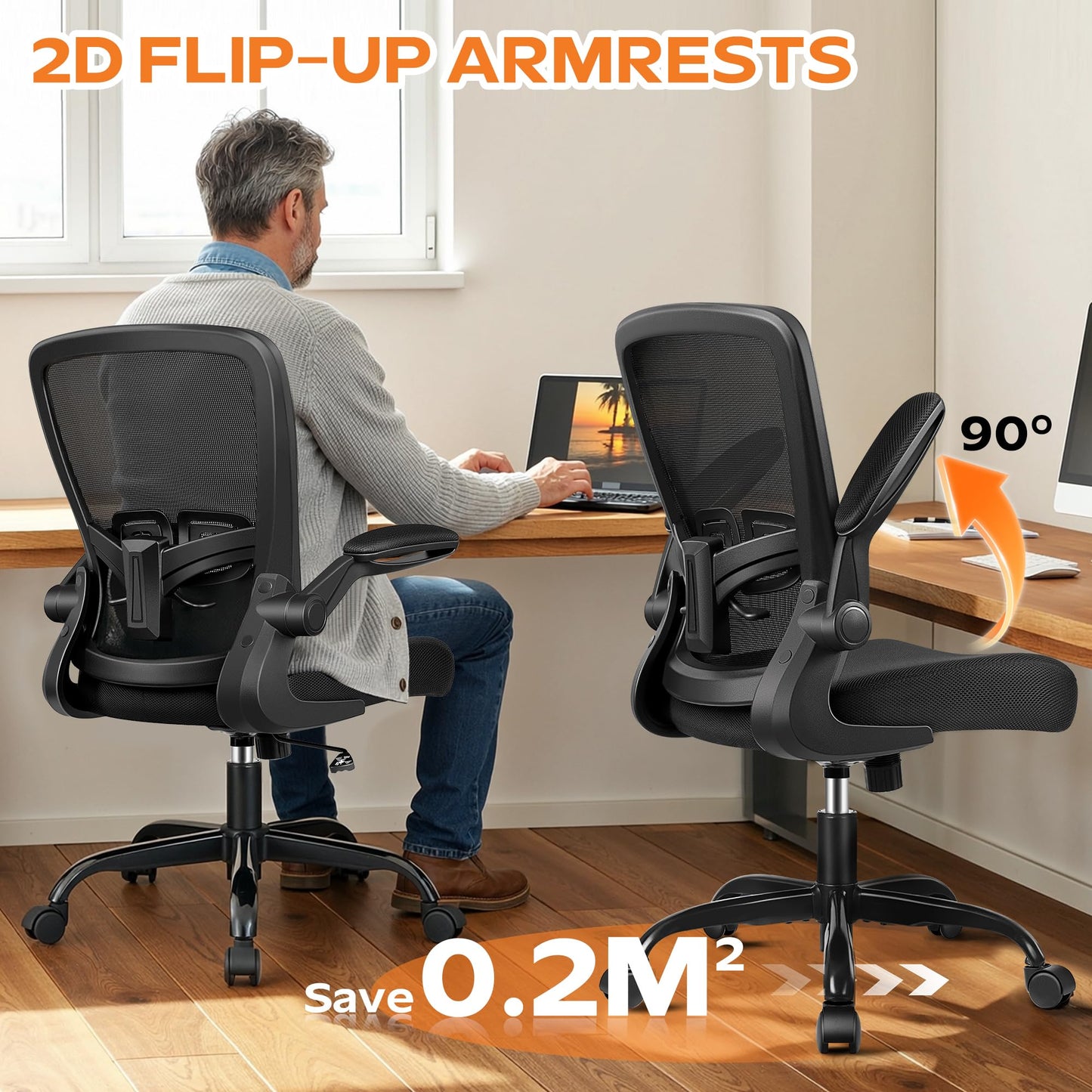 Ergonomic Office Chair 2026 - Mesh Desk Chair with Flip-up Armrests, Adjustable Height and Lumbar, 360° Swivel Comfortable Computer Chairs for Home, Conference Room, Reception, Max 350lbs, Black