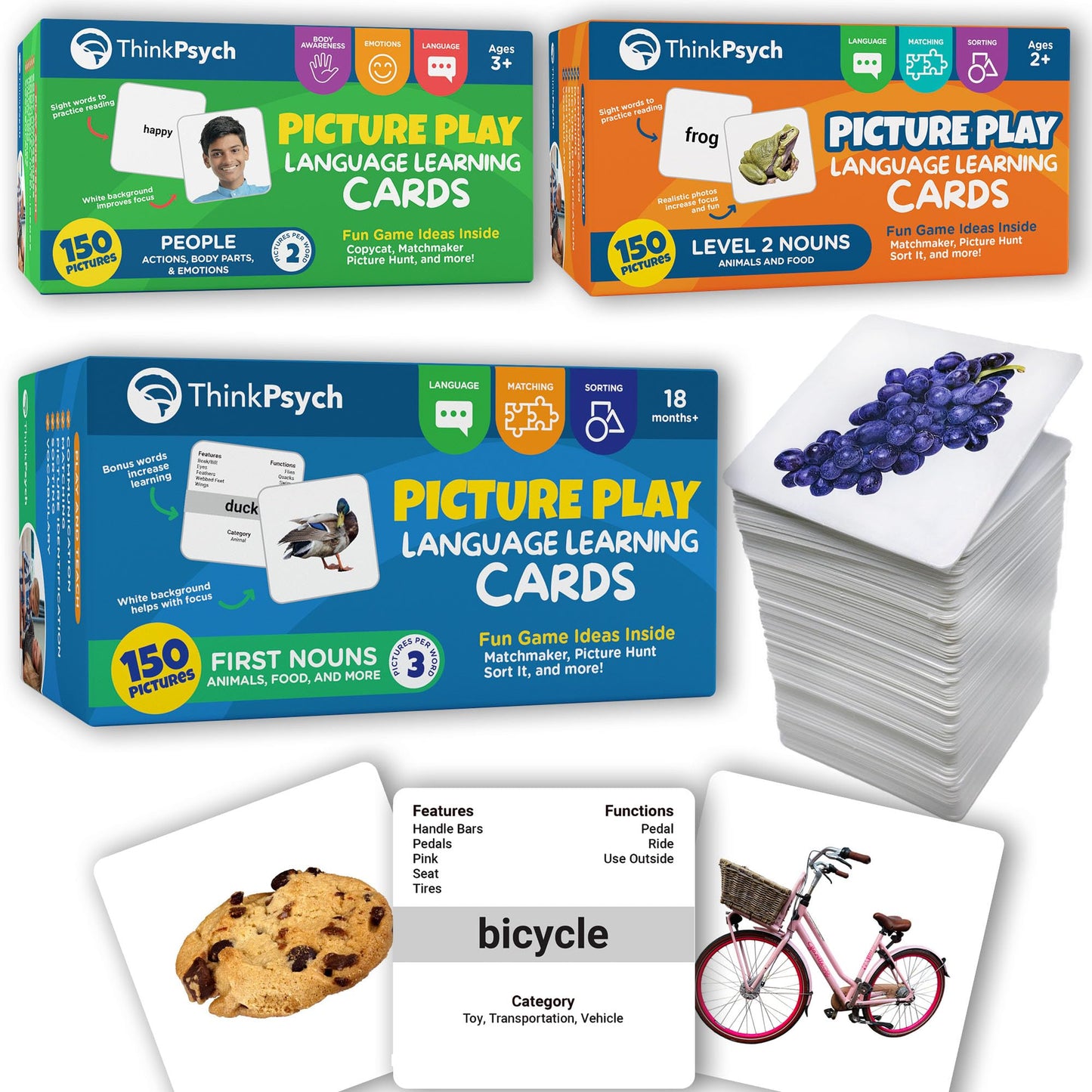 ThinkPsych 450 Thick Picture Cards for Autism Speech Therapy Materials - Flash Cards for Toddlers - Animals, Body Parts, Emotions, Food, Vegetables - ABA Therapy and Tacting Cards