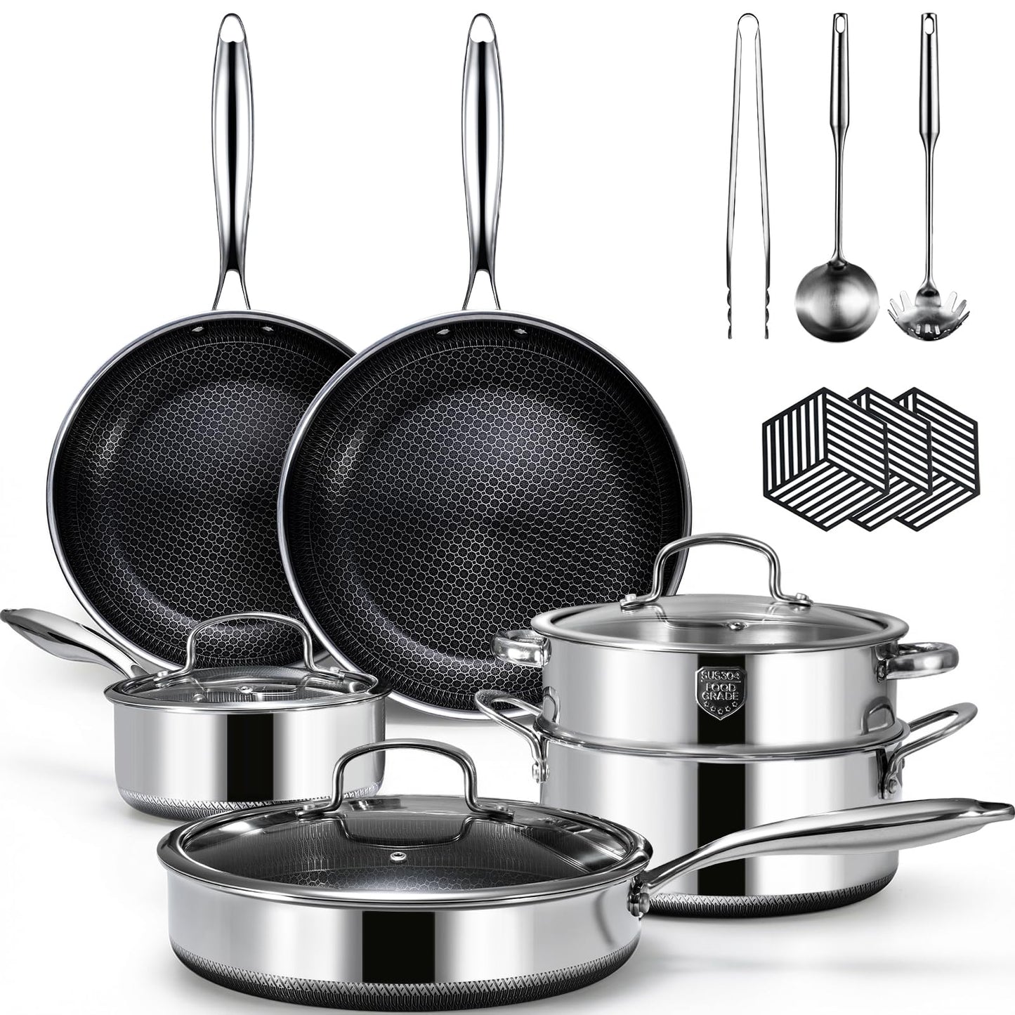 USELUCK 15 Piece Pots and Pans Set, Nonstick Tri-Ply Stainless Steel Cookware Set, Oven Safe, PFOA/PTFE Free, Dishwasher Safe, Compatible with All Cooktops