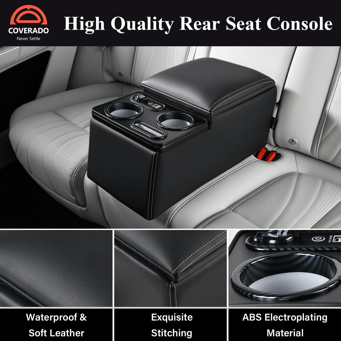 Coverado Car Center Console, Universal Rear Bench Seat Console, Back Seat Car Organizer, Automotive Center Console with Cup Holder & Phone Holder, Central Armrest Box (Update, Black)
