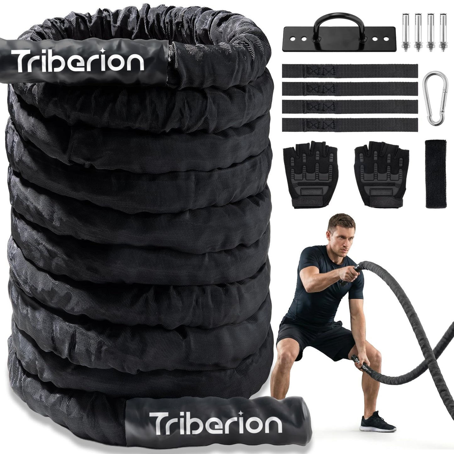 Battle Rope for Home Gym Workout - Extra Thick 2 Inch 30ft Heavy Weighted Training Exercise Ropes Fitness Equipment with Sleeve and Anchor Strap Kit for Crossfit Outdoor Working Out