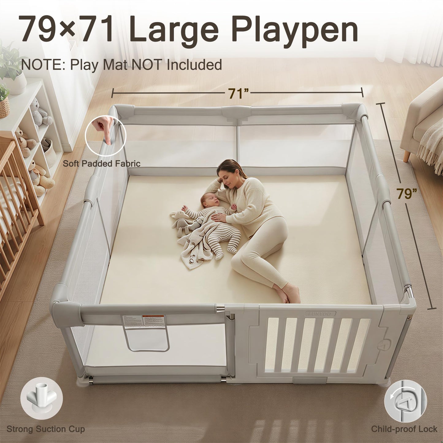 Funyoo 79" ×71" Baby Playpen with Gate, Large Baby Play Pen for Babies and Toddlers, Infant Fence Play Yard with Door for Living Room, Anti-Fall, Breathable Mesh