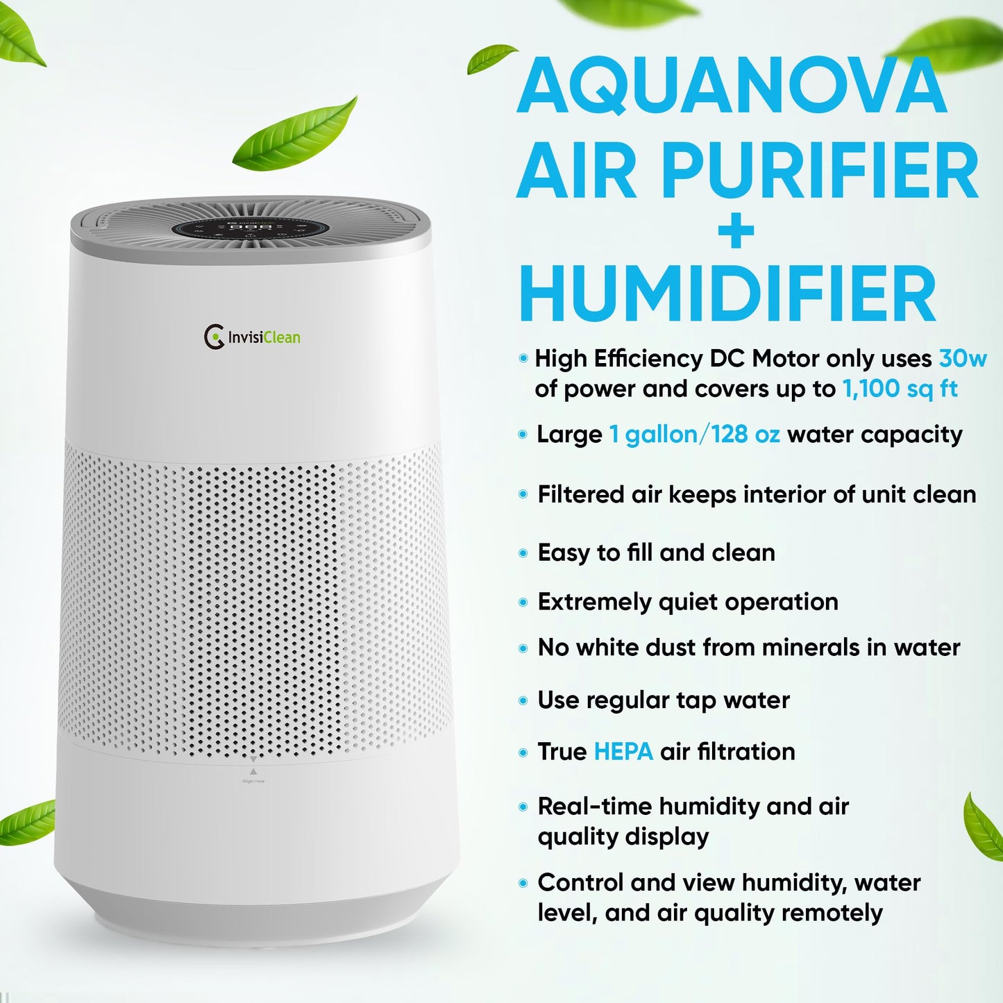 Air Purifier and Humidifier Combo All in One for Bedroom - Quiet 2 in 1 Smart Air Humidifier and Purifier for Home - Use Year-round for up to 1100 sq ft - InvisiClean AquaNova