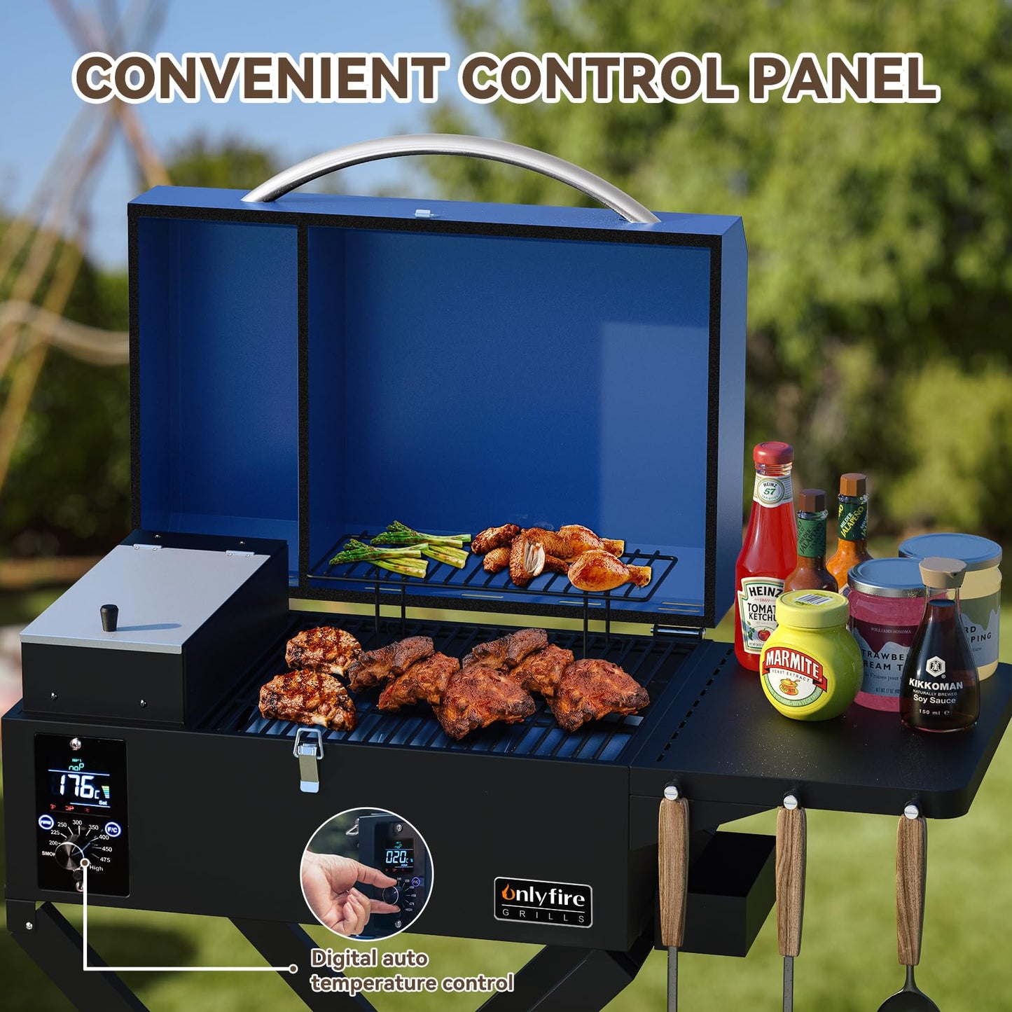 ONLYFIRE GRILLS BBQ Wood Pellet Grill Smoker with Foldable Cart, Meat Probe, 2 Tiers Cooking Area, Portable Smoking Grilling Stove for Outdoor Patio Cooking, RV Camping Tailgating, Blue GS342