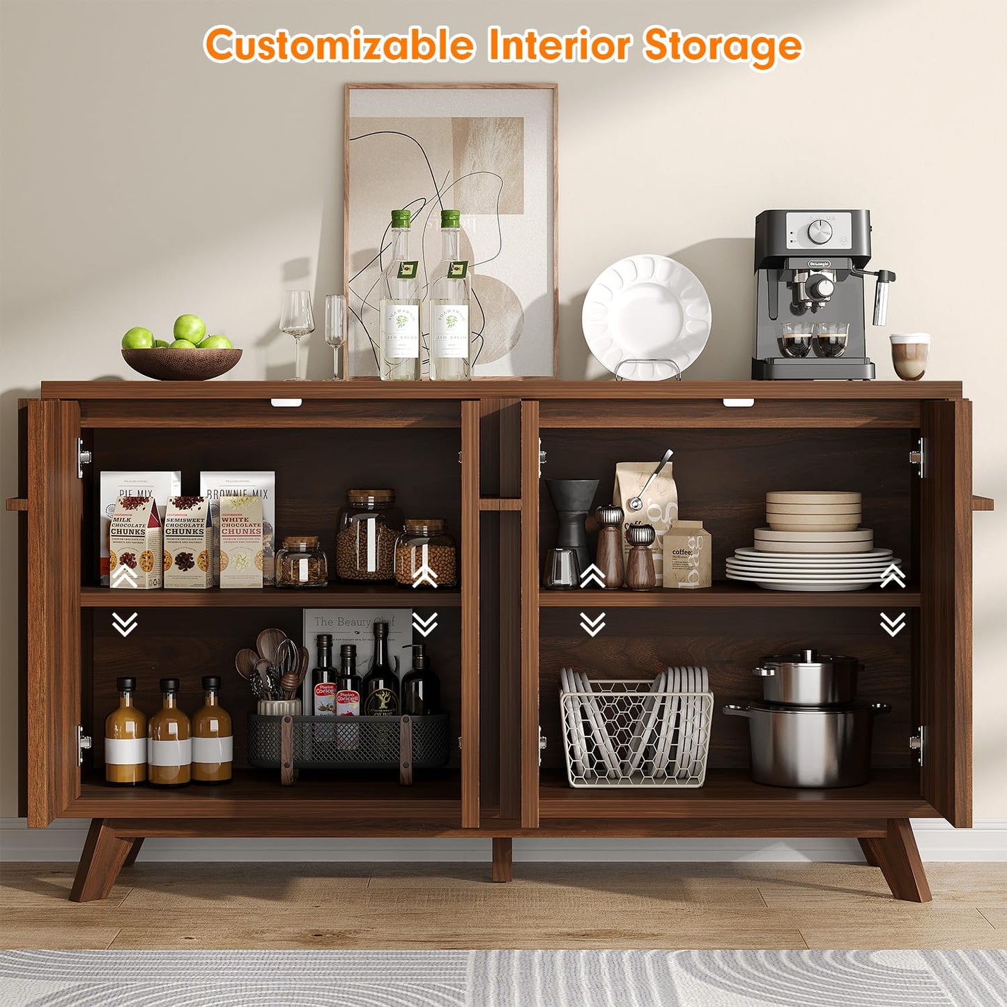 knoworld Sideboard Buffet Cabinet with Storage, 59" Modern Credenza with 4 Doors & Adjustable Shelves, Wood Console Cabinet for Living Room Kitchen Dining Room Hallway (Walnut)