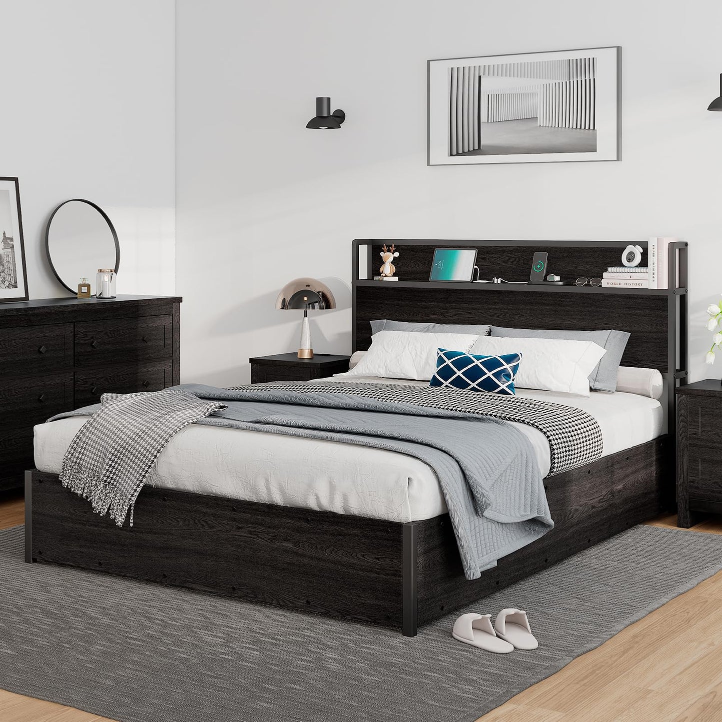 LUXOAK Full Size Lift Up Storage Bed, Wood Platform Bed Frame with Storage Headboard & Charging Station, No Box Spring Needed, Easy Assembly, Black