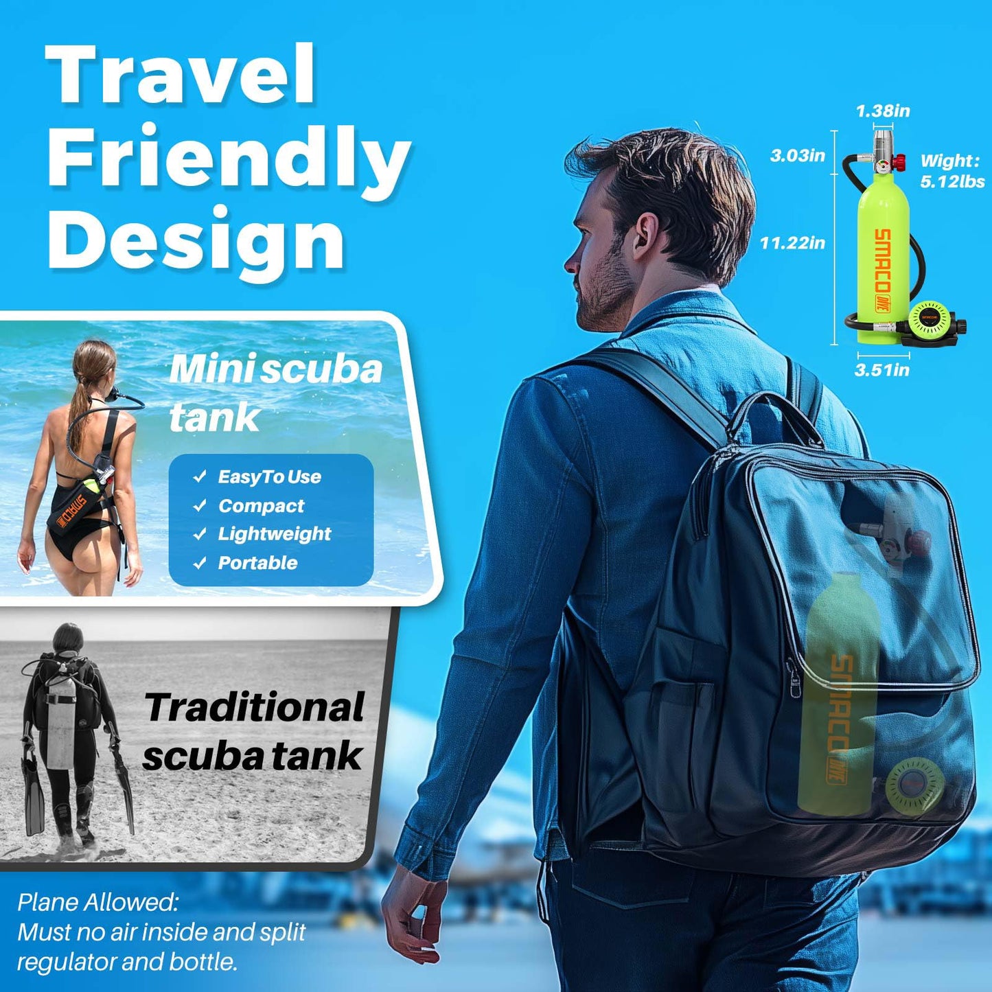 SMACO Mini Scuba Tank 1L Portable Diving Tank for Snorkeling, Emergency Rescue DOT Certified Lung Air Tank for Air Supply Compact & Lightweight Pony Bottle S400