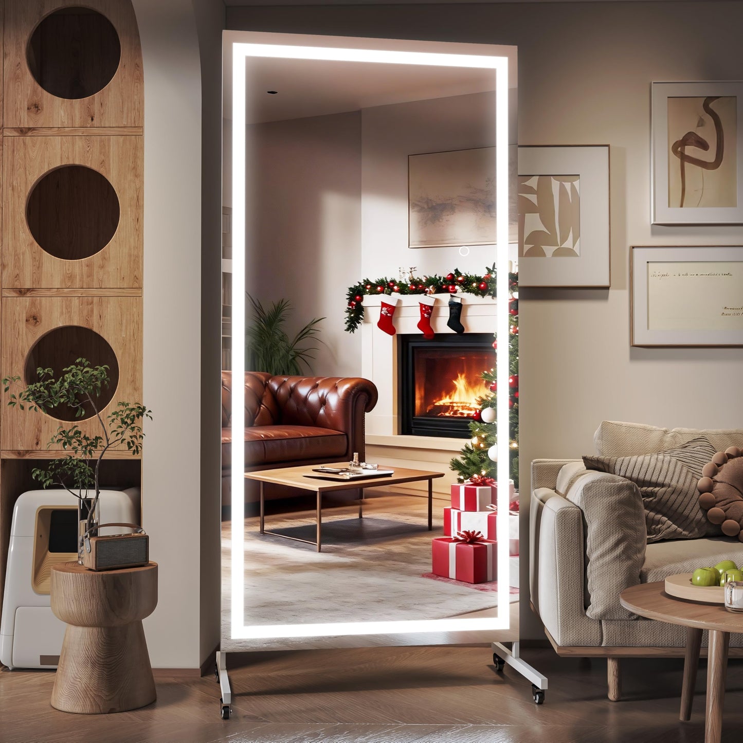 Hasipu Home Gym Mirror with Light 360° Swivel on Wheels, 71" x 36" Extra Large Full Length Rolling LED Mirror for Yoga Studio, Bedroom, Dancing Studio, White