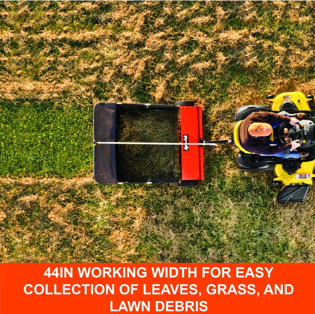 Agri-Fab 45-0492 44" Tow-Behind Lawn Sweeper, 28 cu. ft Hopper Bag Capacity; Leaf & Grass Catcher, with Adjustable Brush Height and Dump From Seat Handle