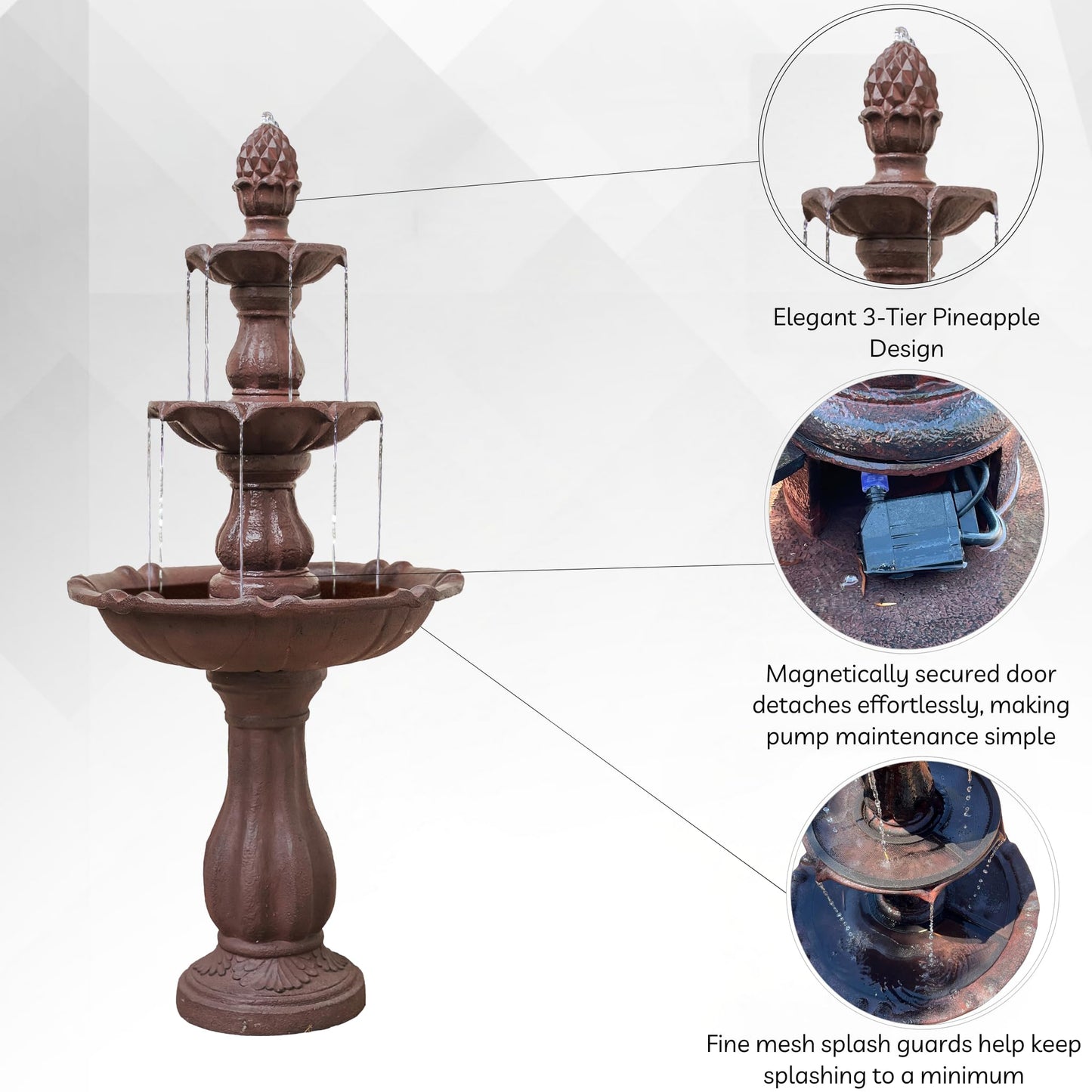 XBrand 51" 3-Tier Outdoor Waterfall Fountain, Weather-Resistant Resin Freestanding Water Feature with Pump, Brown