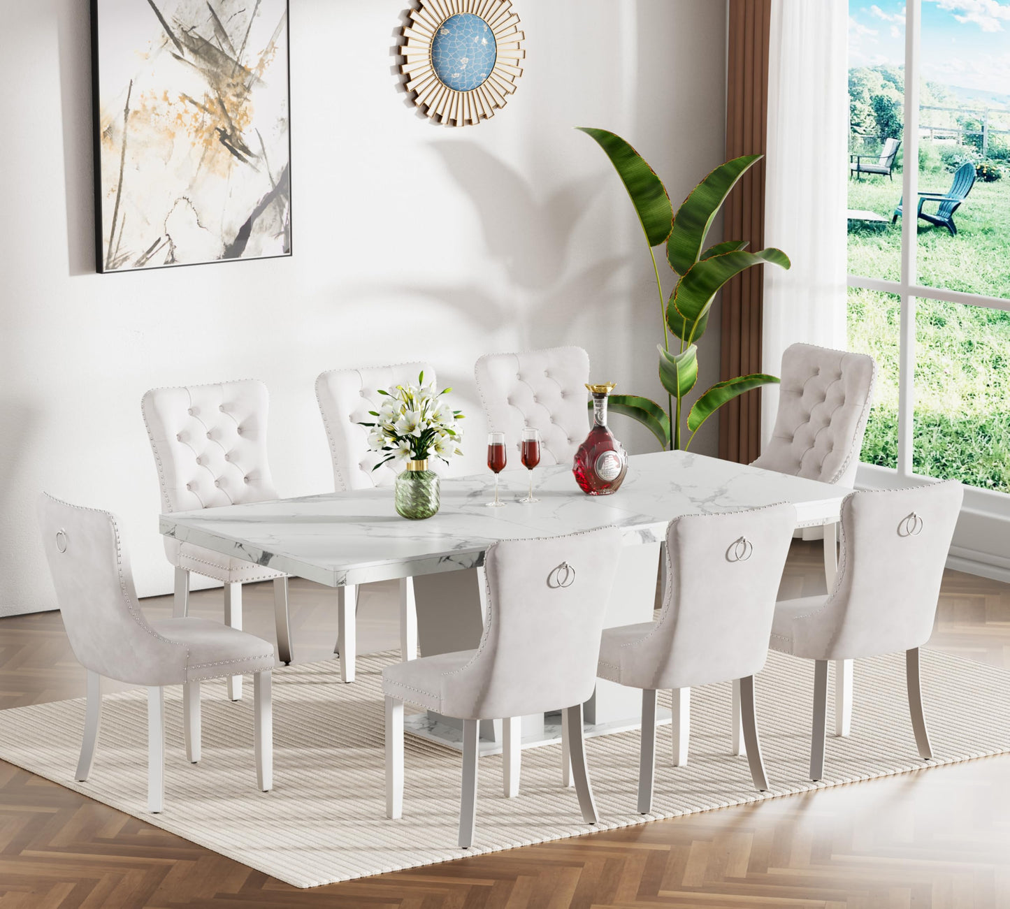 MELAABUU 9 Pieces White Extendable Dining Table Set, 63"-78.74" Expanding Modern Kitchen and Dining Room Table Set for 8, Rectangle Faux Marble Extendable Dining Table& Beige Velvet Upholstered Chairs