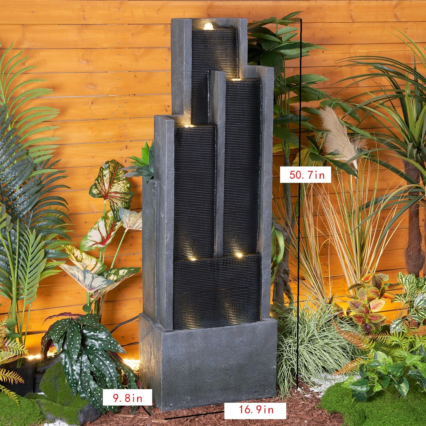 SunJet 5-Tier Modern Water Fountain, Indoor/Outdoor Resin Water Fountains with Soothing Water Sounds & Warm LED Light, Perfect for Garden, Patio, Home & Office, 16.9" L x 9.8" W x 50.7" H