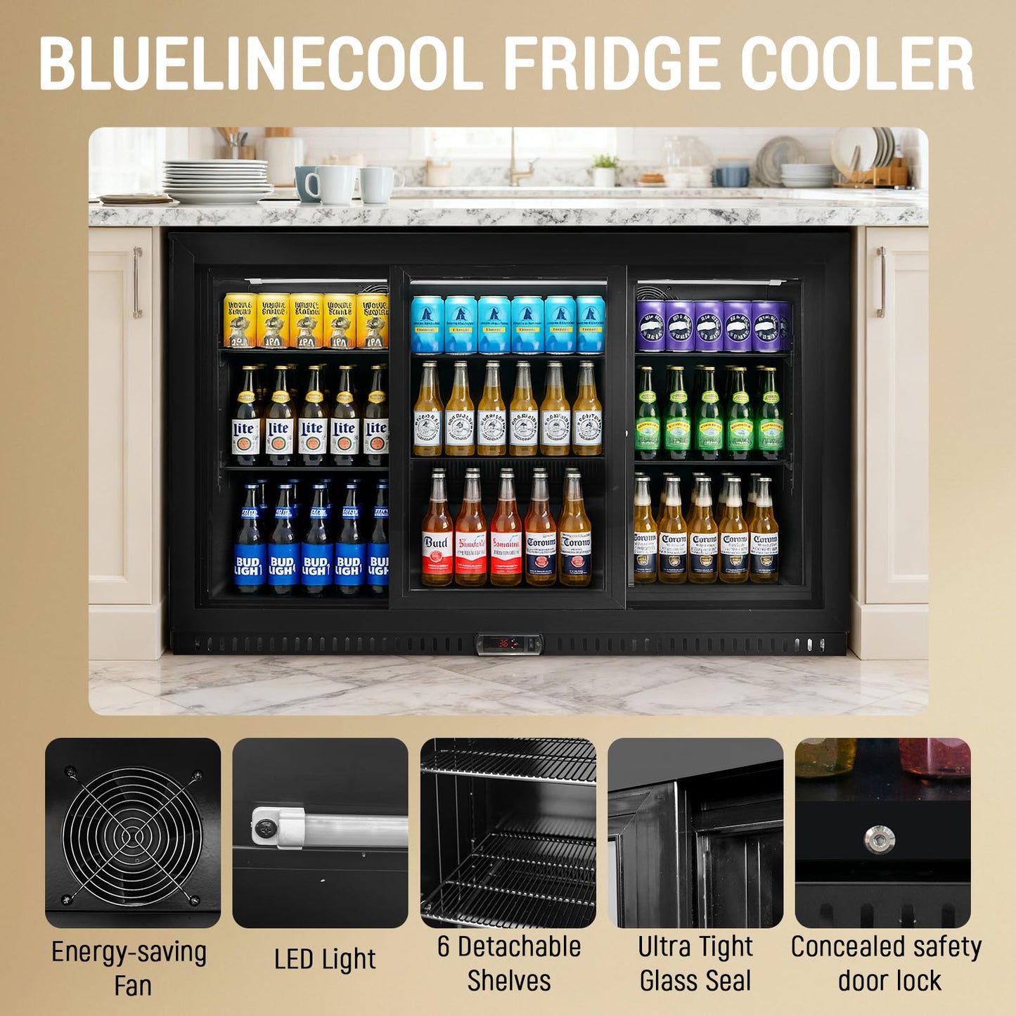 Bluelinecool Commercial Back Bar Cooler with 3 Glass Sliding Doors, 11.5 cu.ft Under Counter Beverage Refrigerator, LED Lighting - ETL Beer and Wine Cooler for Bar, Restaurant, Garage, Office, Home