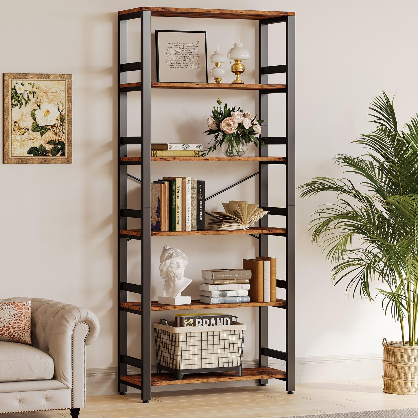 IRONCK Bookshelf, 31.5in Wide Shelf 6 Tier Bookcase, 110lbs/shelf Vintage Industrial Style Bookshelves for Bedroom, Living Room and Home Office, Vintage Brown