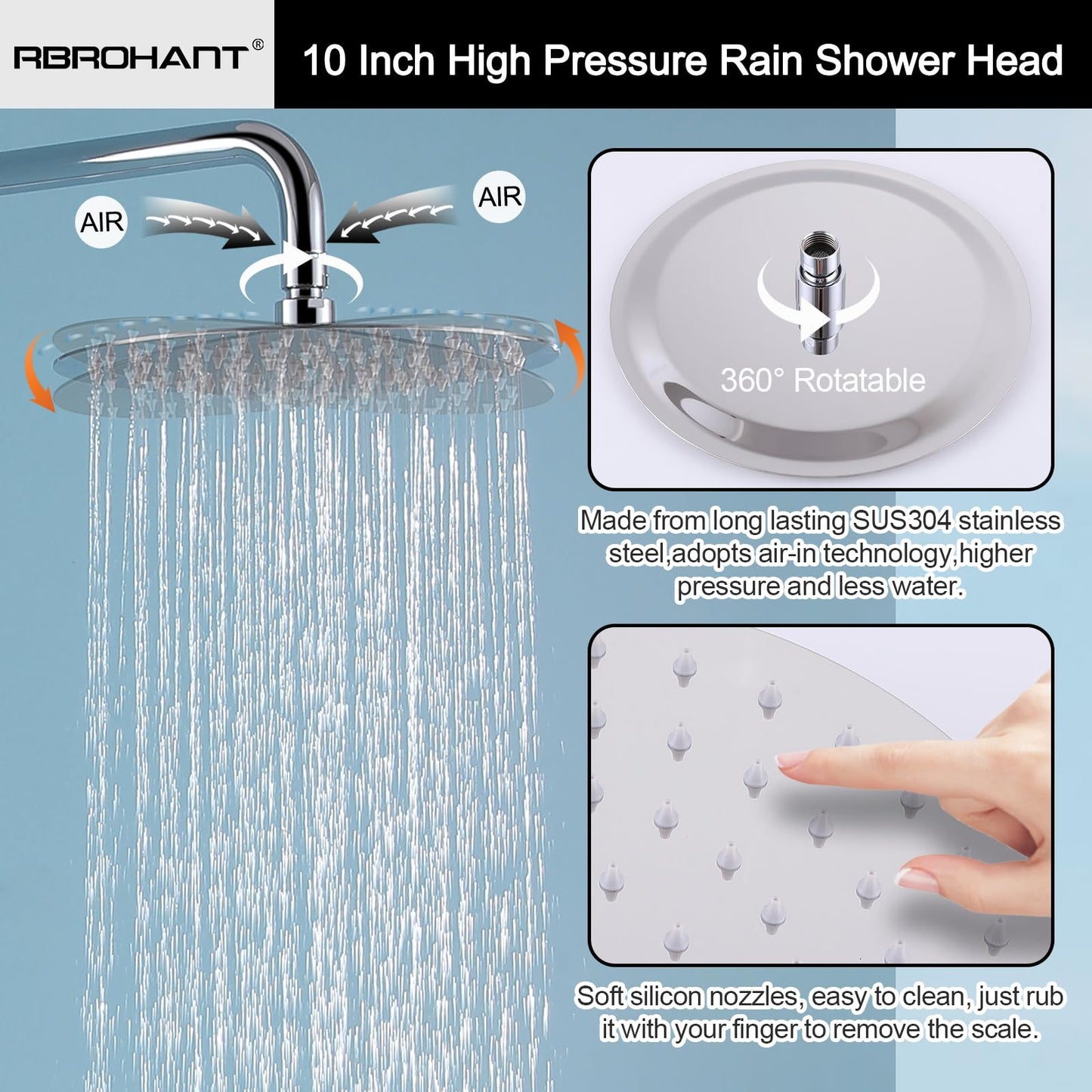 RBROHANT Outdoor Shower, Wall Mount Outdoor Shower Kit, Outside Shower Faucet with Height Adjustable Rain Shower and Handheld, Exposed Shower System for Pool, Wall Mounted, Polished Chrome, JK0146