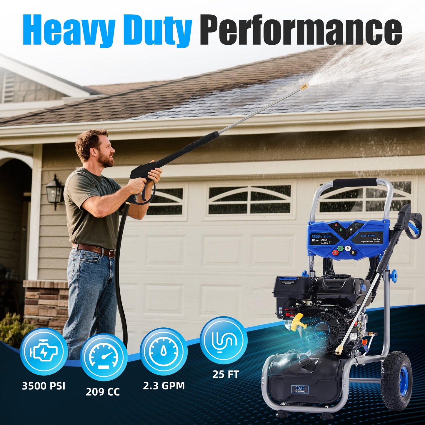 3500 PSI Gas Pressure Washer, 209CC Engine, 2.3 GPM, 4 Adjustable Nozzles, 25ft Hose for Cleaning Cars, Patios, Walls, and Gardens (Blue)