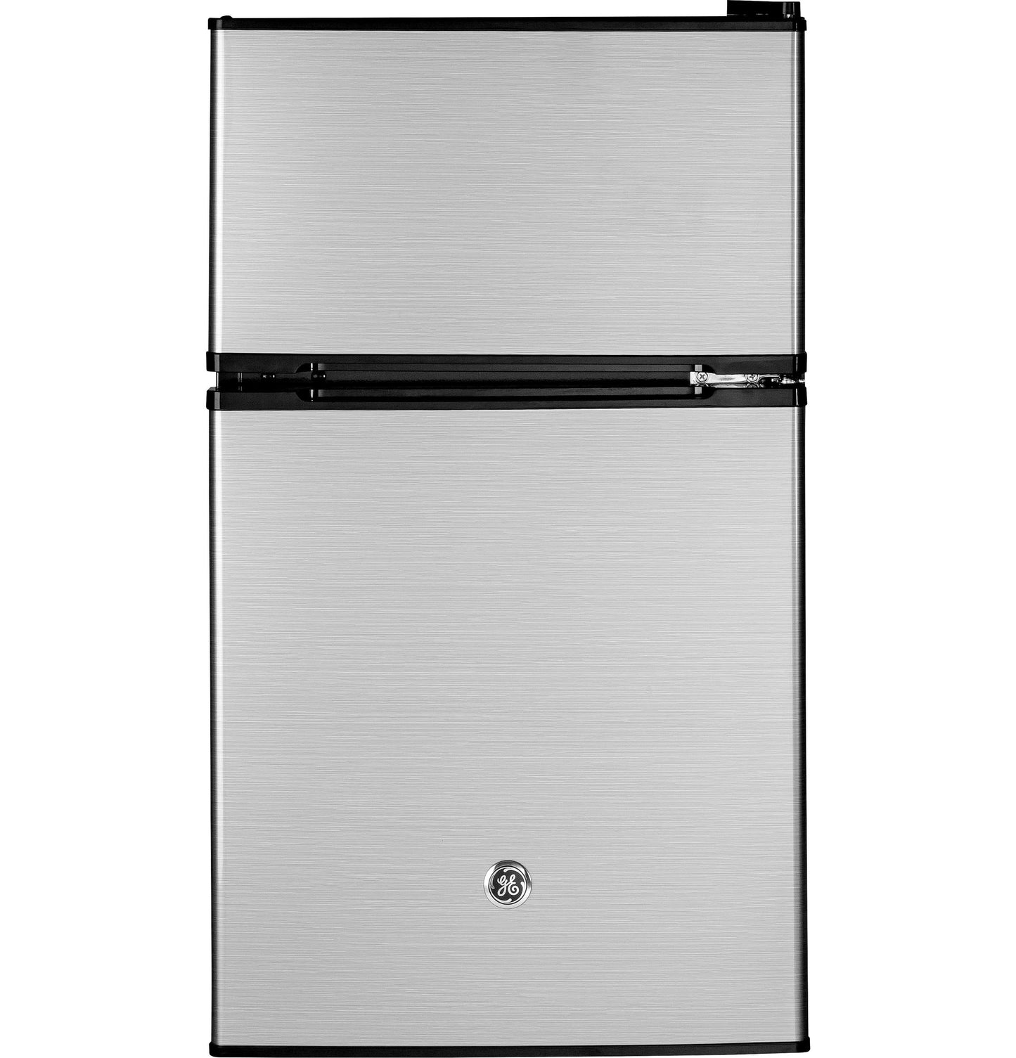 GE Mini Fridge With Freezer | 3.1 Cubic Ft. | Double-Door Design With Glass Shelves, Crisper Drawer & Spacious Freezer | Small Refrigerator Perfect for the Garage, Dorm Room, or Bedroom | Clean Steel