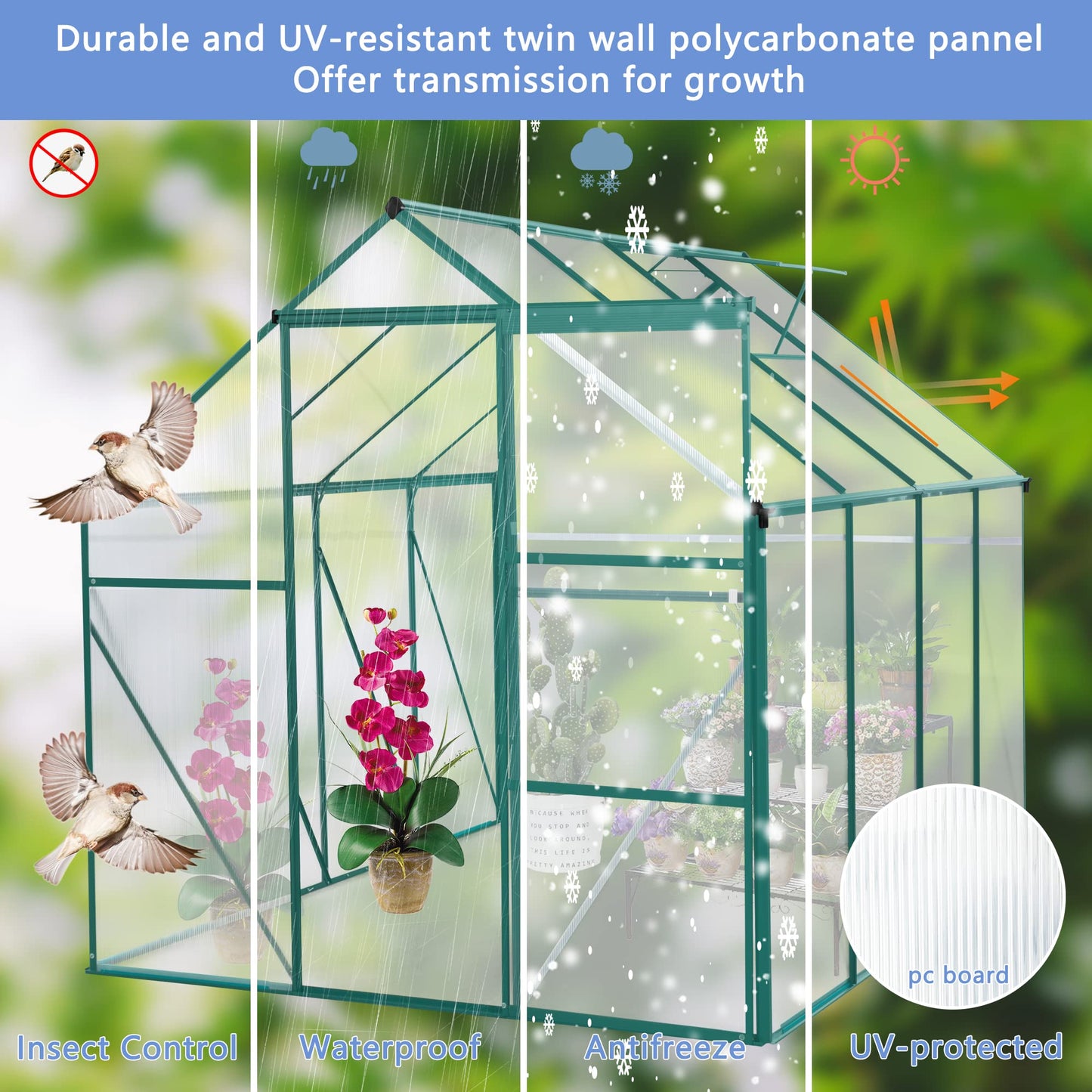 GLANZEND 6x8FT Polycarbonate Walk-in Greenhouses, Heavy Duty Hobby Green House, Storage Shed with Sliding Doors & Adjustable Roof Vent, Aluminum Sunroom Hot House for Outdoor Garden Backyard