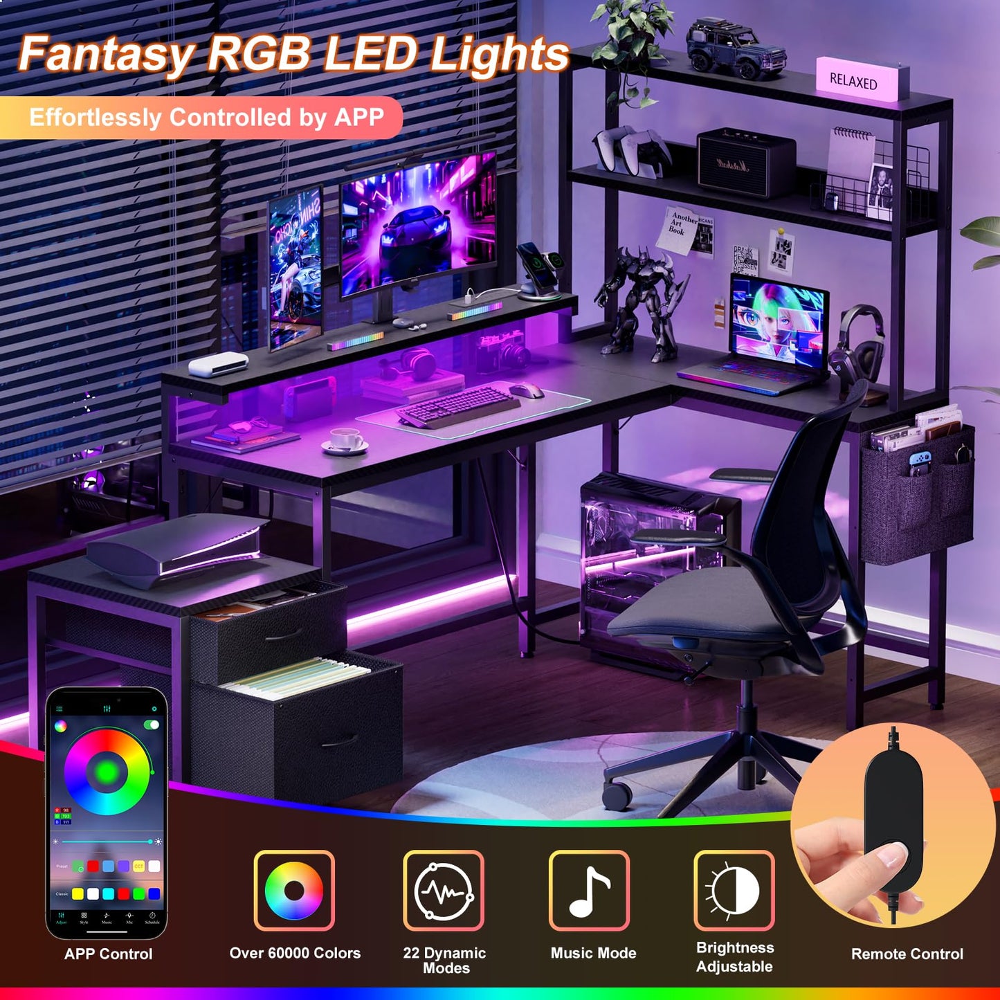 REAHOME 70 Inch L Shaped Desk with File Drawers and Reversible Storage Shelves, Computer Desk with Power Outlet & LED Strip, Home Office Desks, Writing Study Desk for Bedroom, Carbon Fiber Black