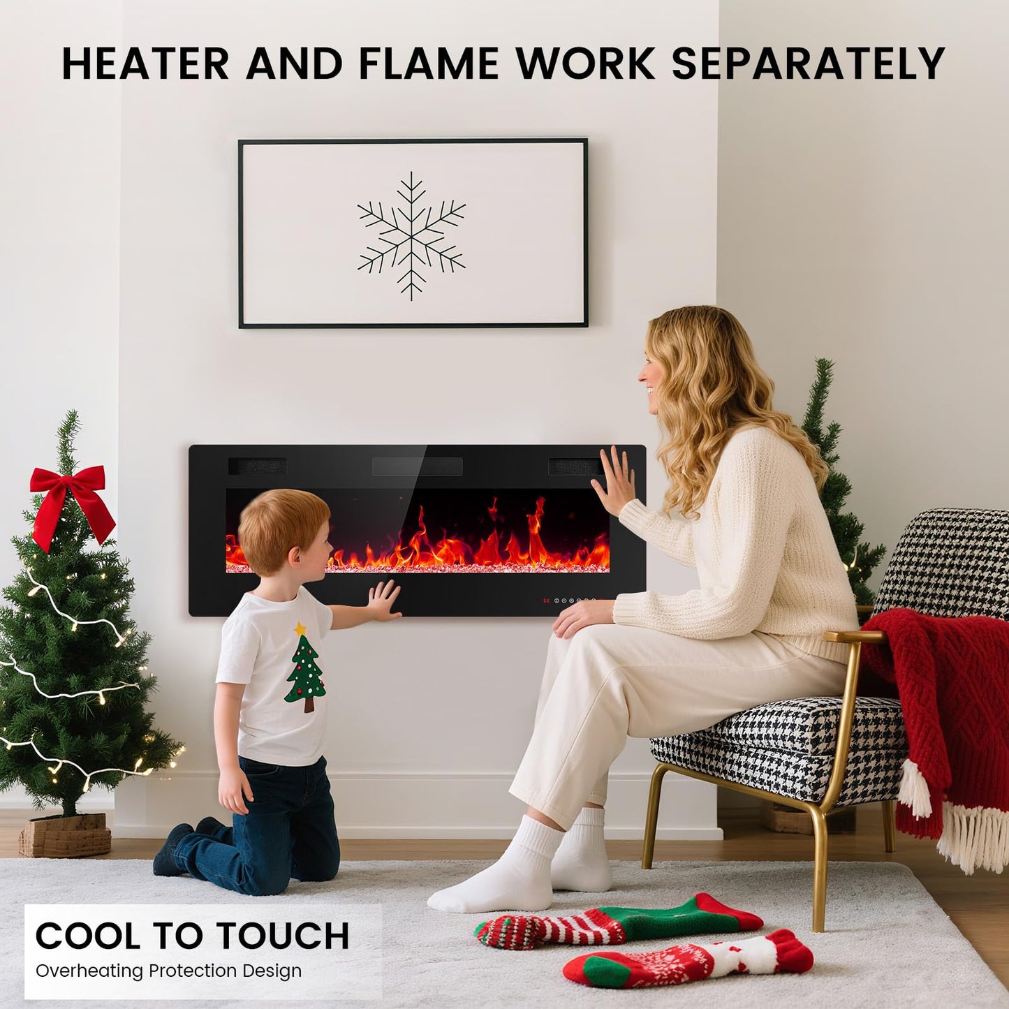 Electactic Electric Fireplace 50 inch Ultra Thin, Recessed and Wall Mounted Electric Fireplace with Remote Control, Fireplace Heater, Timer, Adjustable Flame Color, 750w/1500w, Black