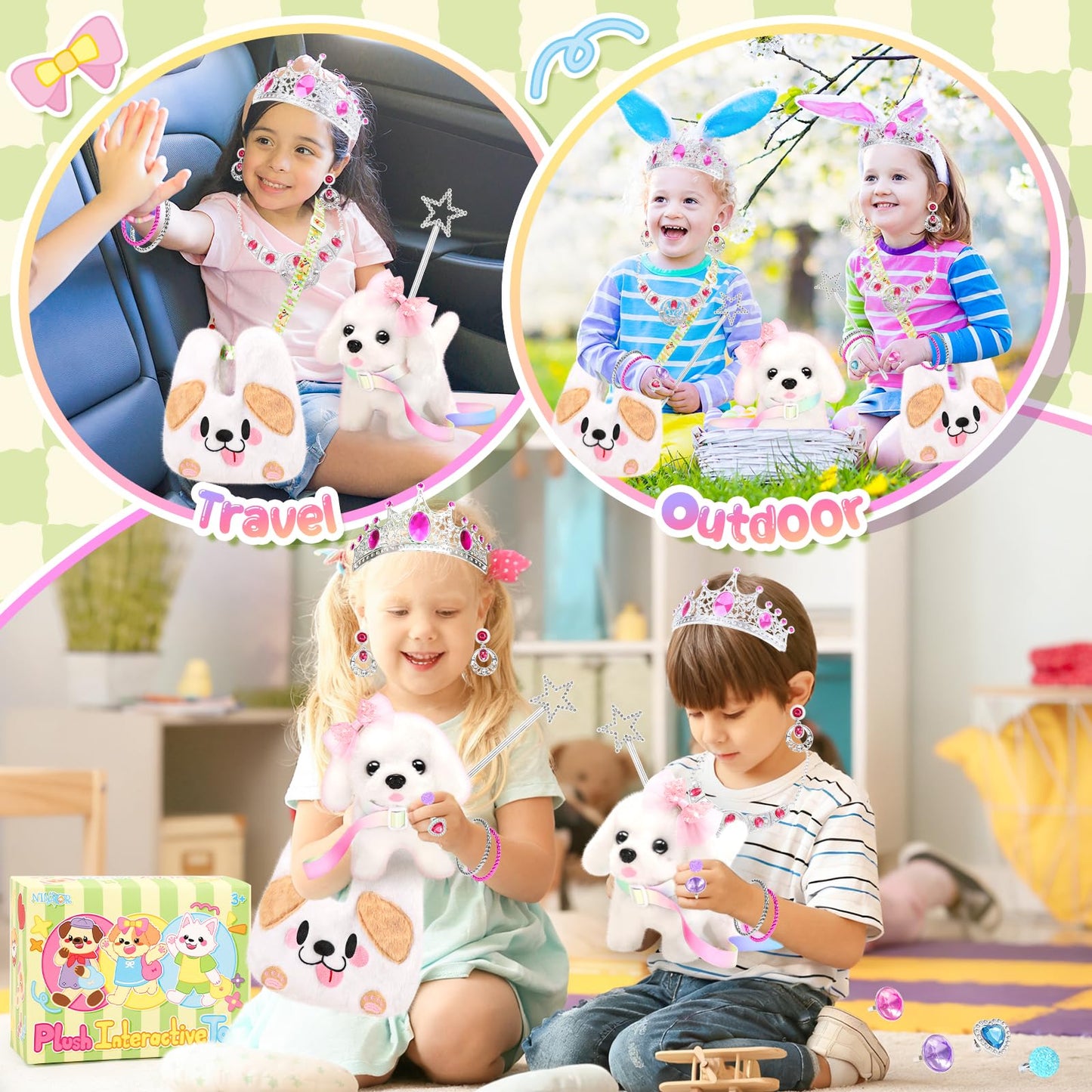 NINAOR Plush Dog Toys for Kids with Crossbody Bags Princess Jewelry, Robot Puppy with Leash Walking Barking, Pretend Play Dress Up Interactive Stocking Stuffers for Toddler Girl Toys Birthday Gifts