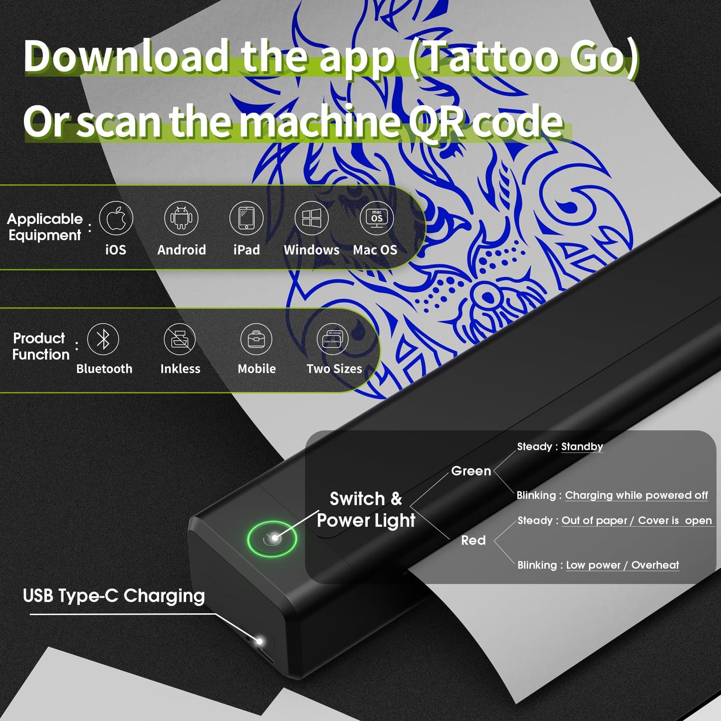 Filter Tattoo Stencil Printer Kit - Printer Machine with 7 Strokes 2.0-4.0mm Tattoo Gun Machine, Extra 1600mAh Power Supply, 20Pcs Tattoo Cartridge Needles for Beginners and Artists