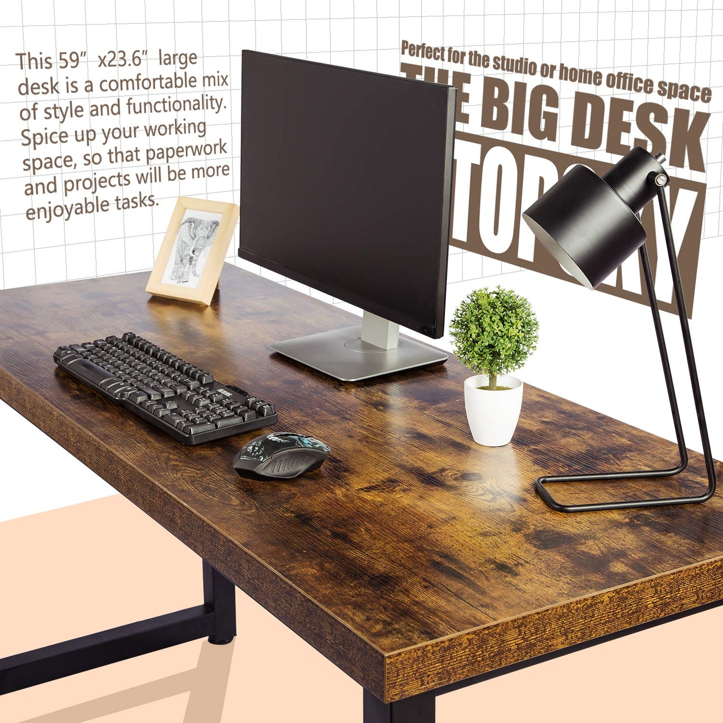 TOPSKY Computer Desk 59 inch Large Office Desk, Gaming Desk Writing Desk, Large Legroom, Metal Frame, 1.88" Thickness Desktop (Rustic Brown)