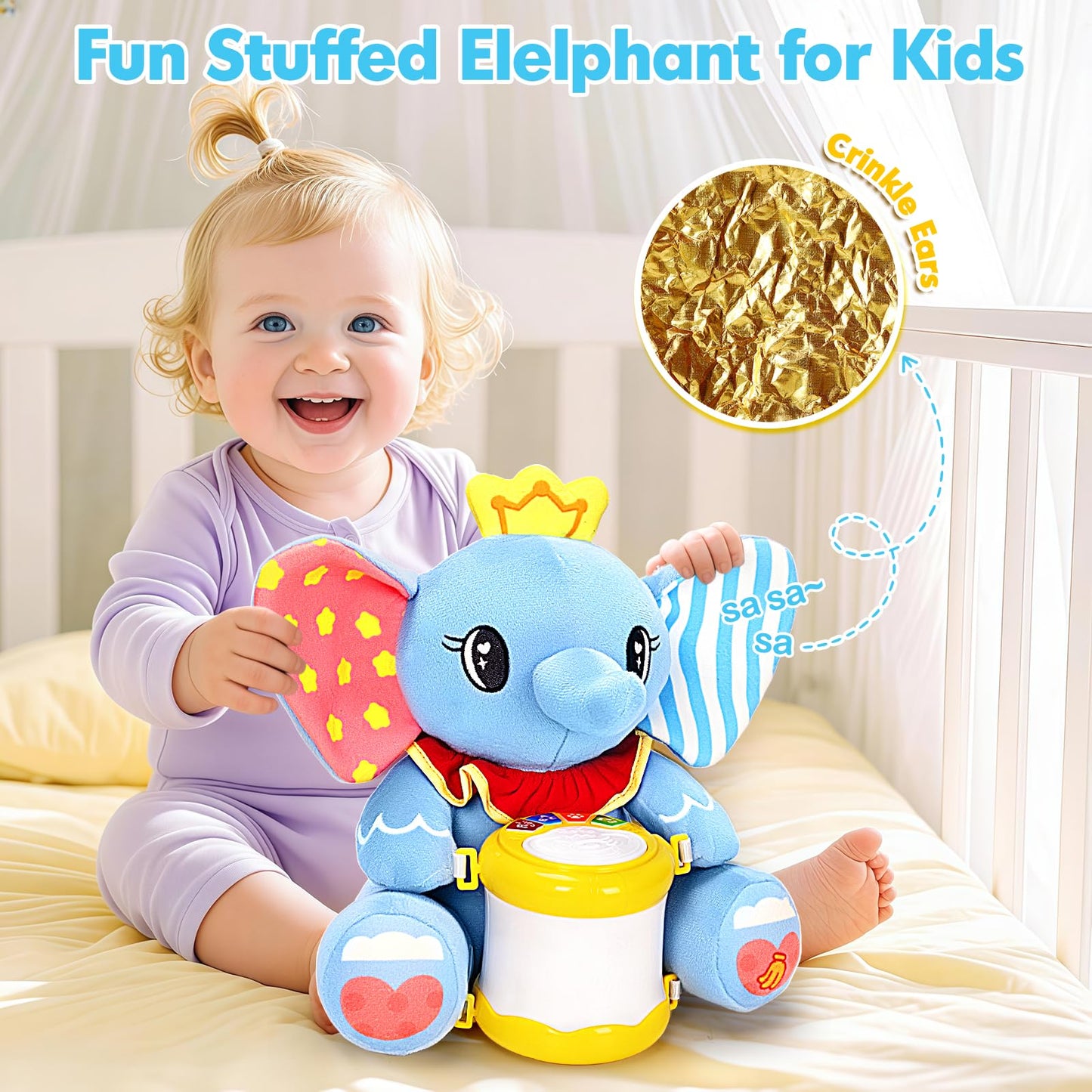 Hodurgyi Baby Toys 6-12 Months, Elephant Musical Plush with Lights, ABCs, Animal Sounds, Numbers, Infant Early Learning Toy,Christmas Birthday Gifts for 6+ Month Boys &Girls