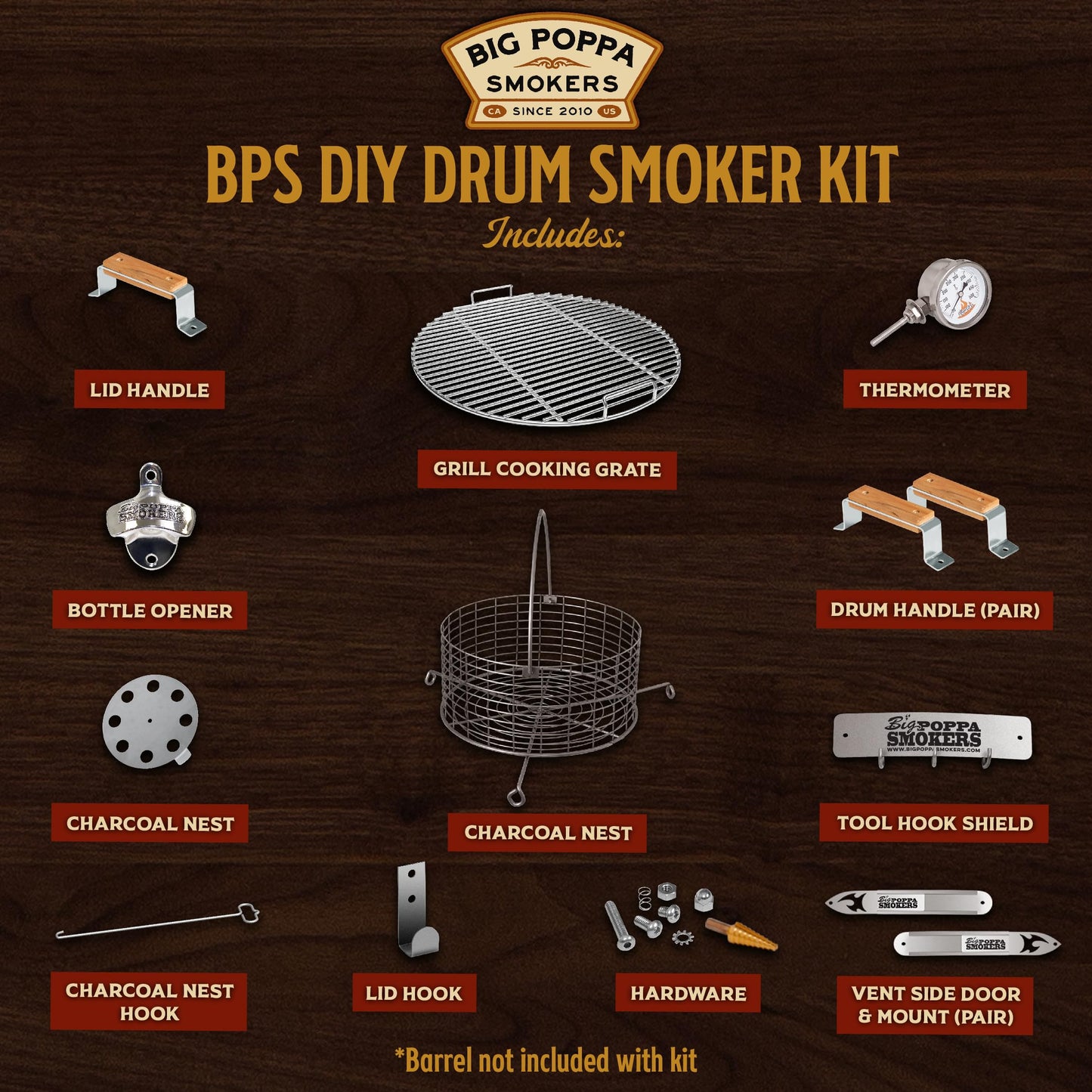 Big Poppa's DIY Drum Smoker Kit - Convert a 55 Gallon Drum into a Premium BBQ Grill - Unleash Your Inner Pitmaster & Craft Your Customize BBQ Setting with our Smoker Accessories