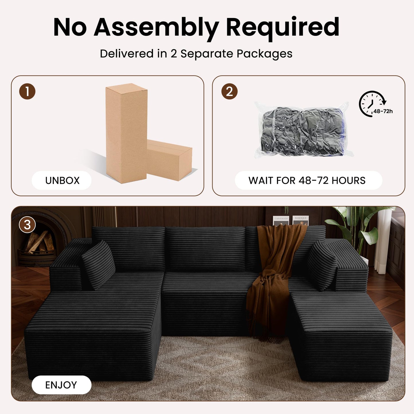 106" Cloud Sectional Boneless Couches for Living Room, Modular U Shaped Couch with Deep Seat, Removable Ottoman, Memory Foam Compressed Spineless 4 Seater Sofa for Bedroom Apartment, Black