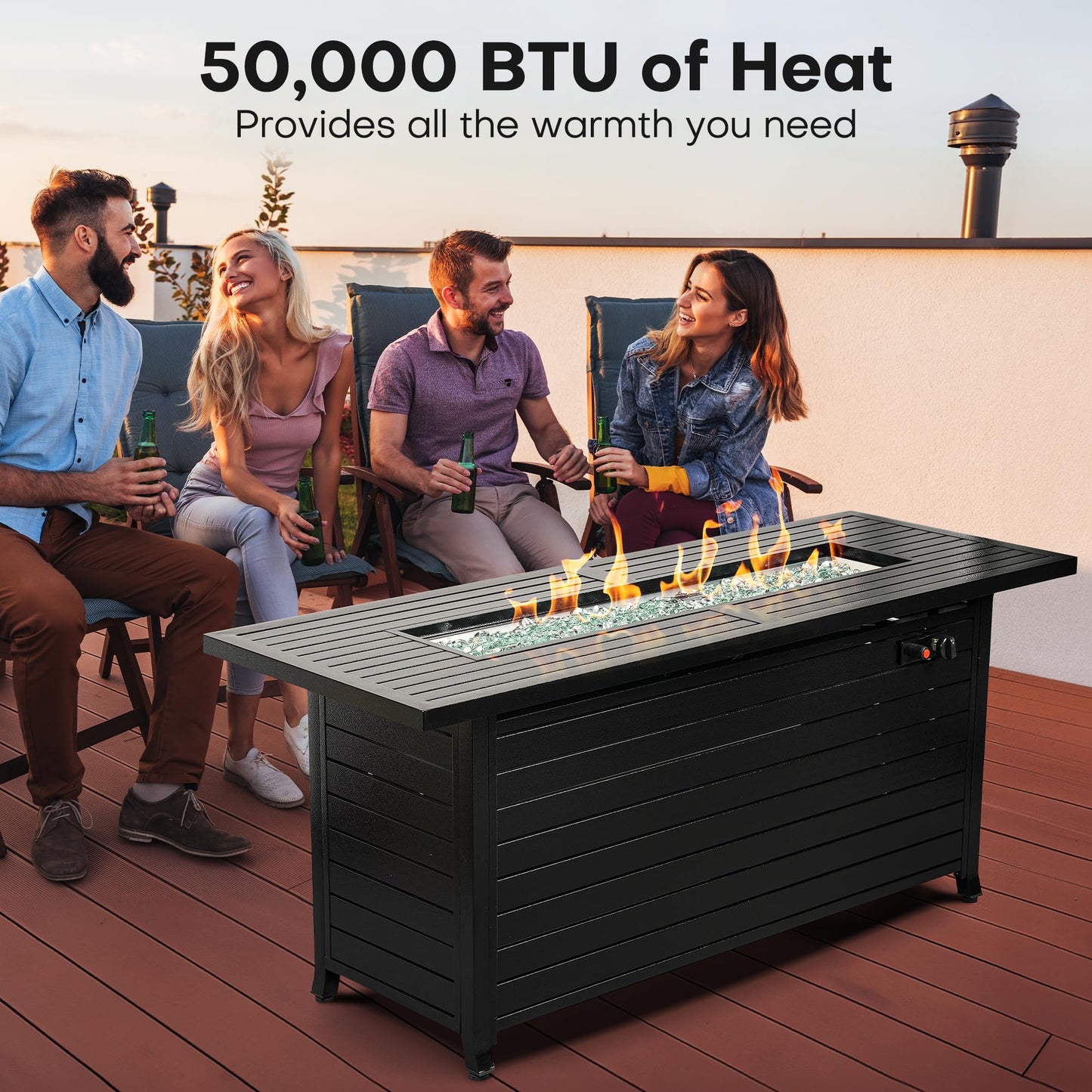 LEGACY HEATING 57 Inch Propane Fire Pit Table, 50000BTU Outdoor Gas Fire Pit, 2 in 1 Rectangular Firepit w/Lid, Glass Beads, ETL Certified for Gatherings on Garden Backyard, Black