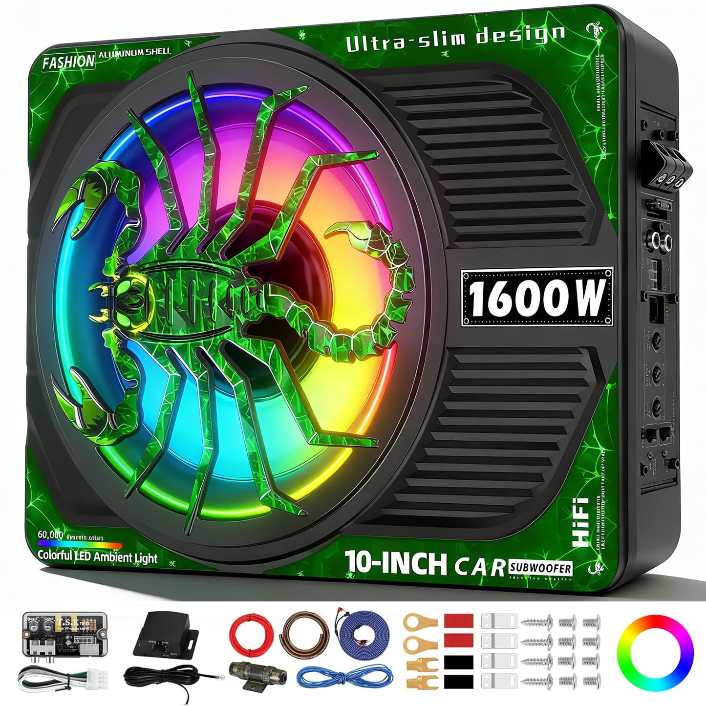 SUBPULSIX 1600W Slim Underseat Car Subwoofer and Amp Package, Powered Under Seat Subwoofer with Built-in Class D Amplifier, Subsonic Deep Bass, DSP Noise Reduction, RGB Beat Light, for Truck SUV Car