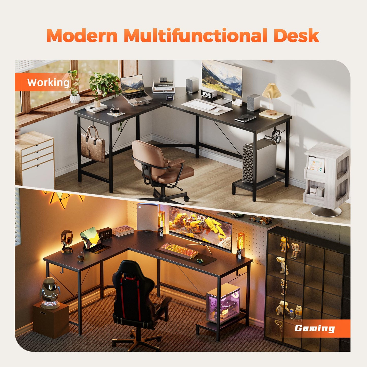 Mericonia 66 inch Large Corner Gaming Desk, Simple L Shaped Desk with CPU Stand & Hooks, Computer Desk for Home, Bedroom & Office Workspace, Black