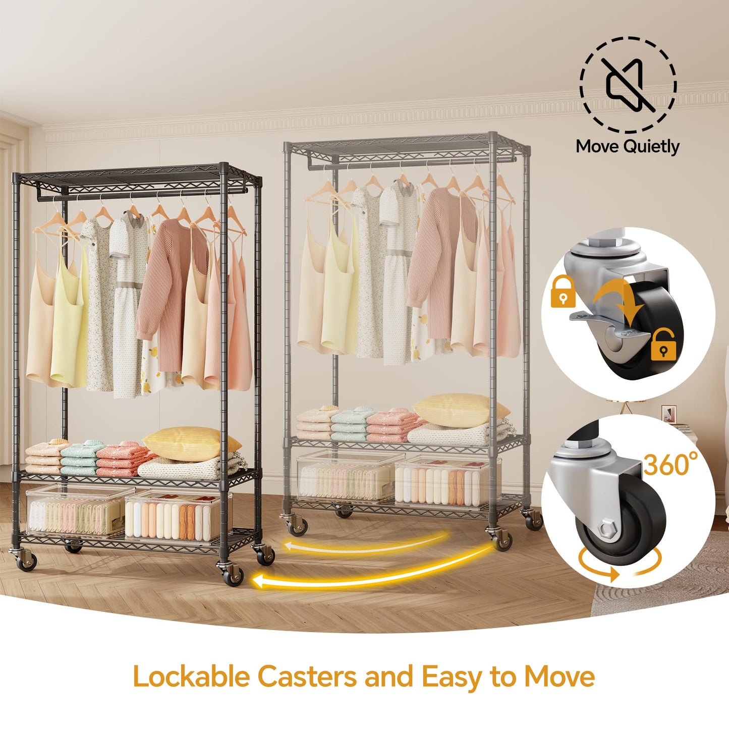 Higeego H4 Plus Rolling Garment Rack with Cover, Heavy Duty Clothes Rack with Wheels, Portable Closet for Hanging Clothes, Wardrobe Closets Organizer Storage, Black Closet Rack with Black Fabric Cover