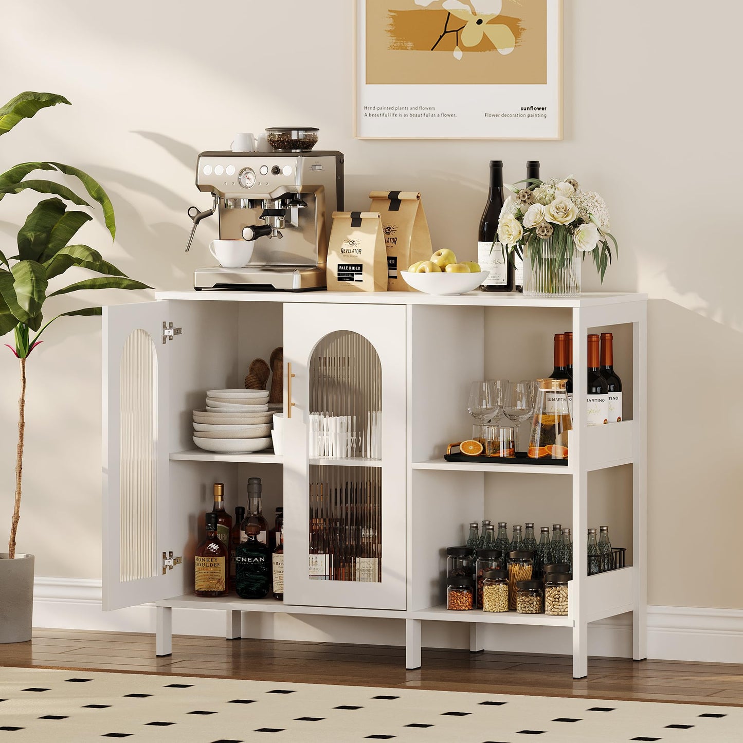 GAOMON Buffet Sideboard Cabinet, Wooden Storage with Glass Doors, Two Metal Handle, Storage Cabinet with Adjustable Shelves, Modern Sideboard for Living Rome, Kitchen, Dining Room,White