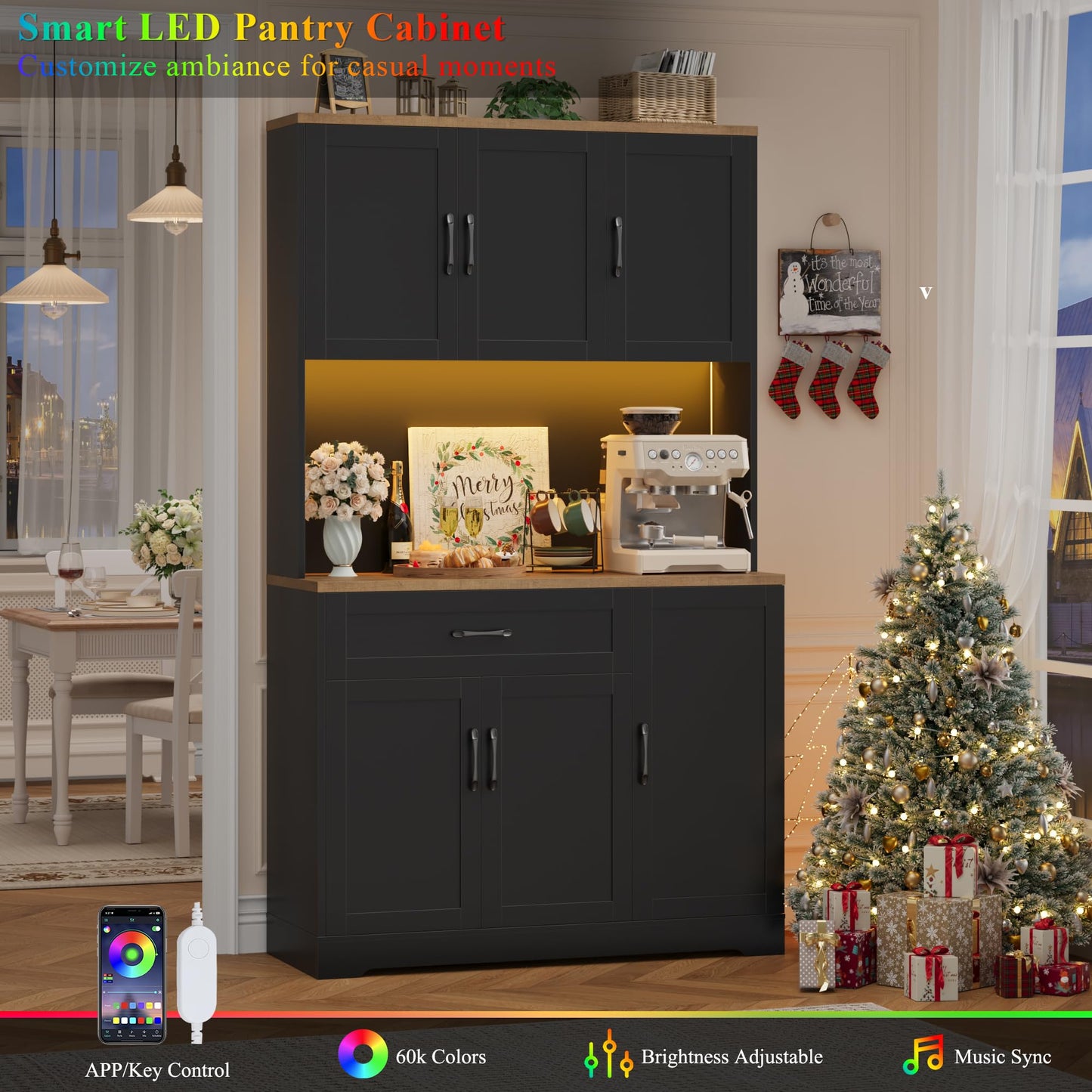 HIFIT 71" LED Kitchen Pantry Cabinet with Power Outlet, Tall Hutch Storage Cabinet with Microwave Stand & 6 Door Shelves, Modern Food Pantry Cabinets with Drawer for Kitchen Dining Living Room, Black