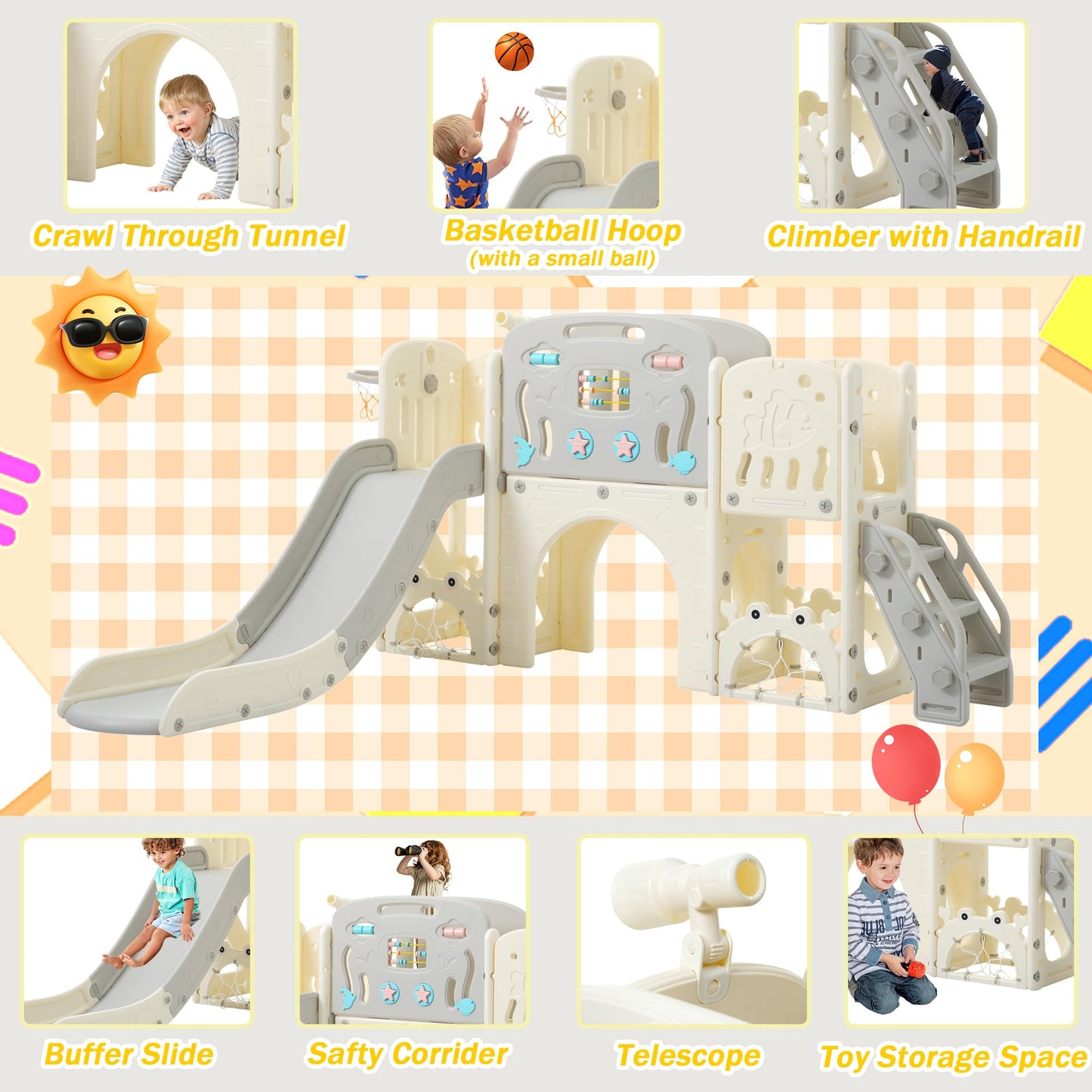 SENCHO GINSYTALIOR 11-in-1 Multi-Activity Toddler Playset with Slide, Basketball Hoop & Telescope - Indoor/Outdoor Playground (Gray+Beige)