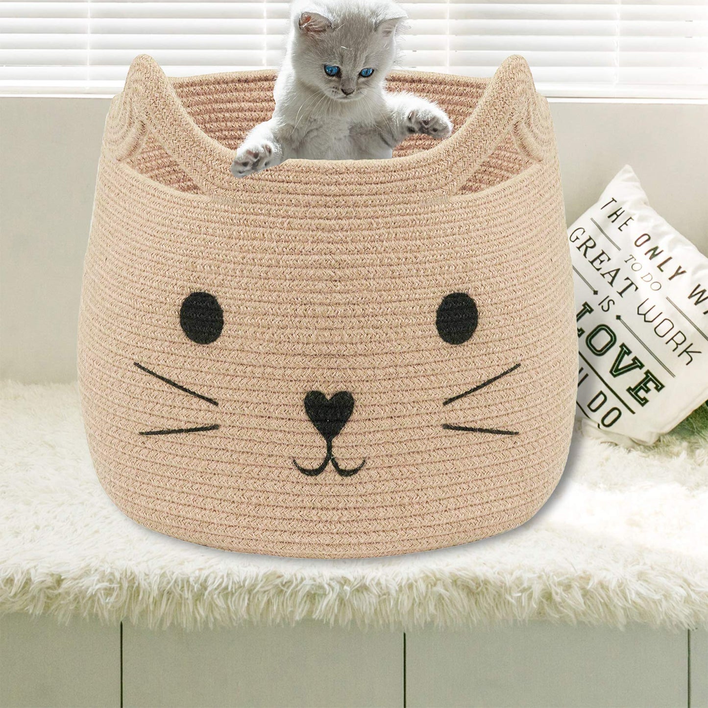 VK VK·LIVING Animal Baskets Large Woven Cotton Rope Storage with Cute Cat Design Laundry Organizer for Towels, Blanket, Toys, Clothes, Gifts – Cat Toy Box Pet or Baby Gift Baskets 15"Lx14H"