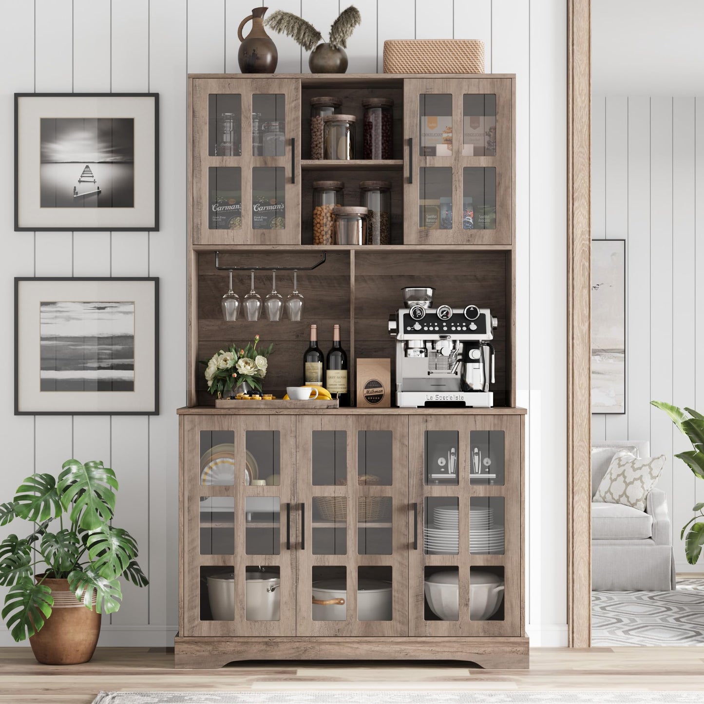 Keyluv Kitchen Pantry Storage Cabinet 71" Tall Freestanding Pantry Cabinet, Farmhouse Glass Door Buffet with Oven Countertop, Large Wood Hutch for Kitchen, Living Room and Dining Room, Rustic