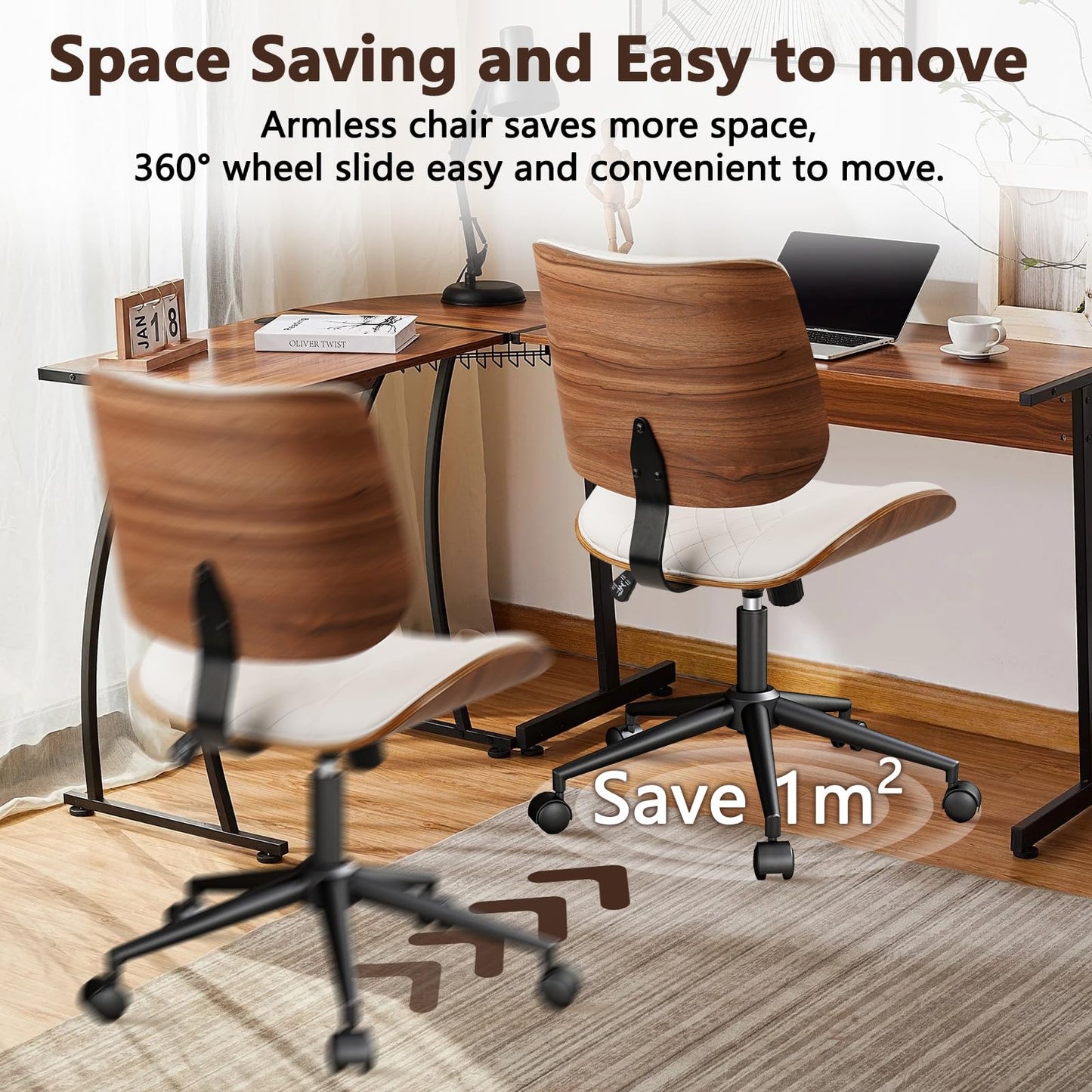 CLATINA Armless Home Office Chair, Desk Chair with Wheels, Adjustable Height Reading Chair, Leather Mid Back & Swivel Computer Chair, Modern Walnut Chairs with Back for Studio Meeting Room(White)