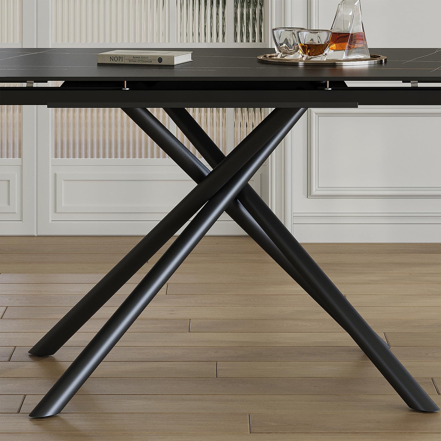 Runboll Extendable Rectangular Dining Table Set for 8, 47"-71" Modern Sintered Stone Kitchen Table with 8 Chairs and Carbon Steel Legs for Dining Room Family Gathering