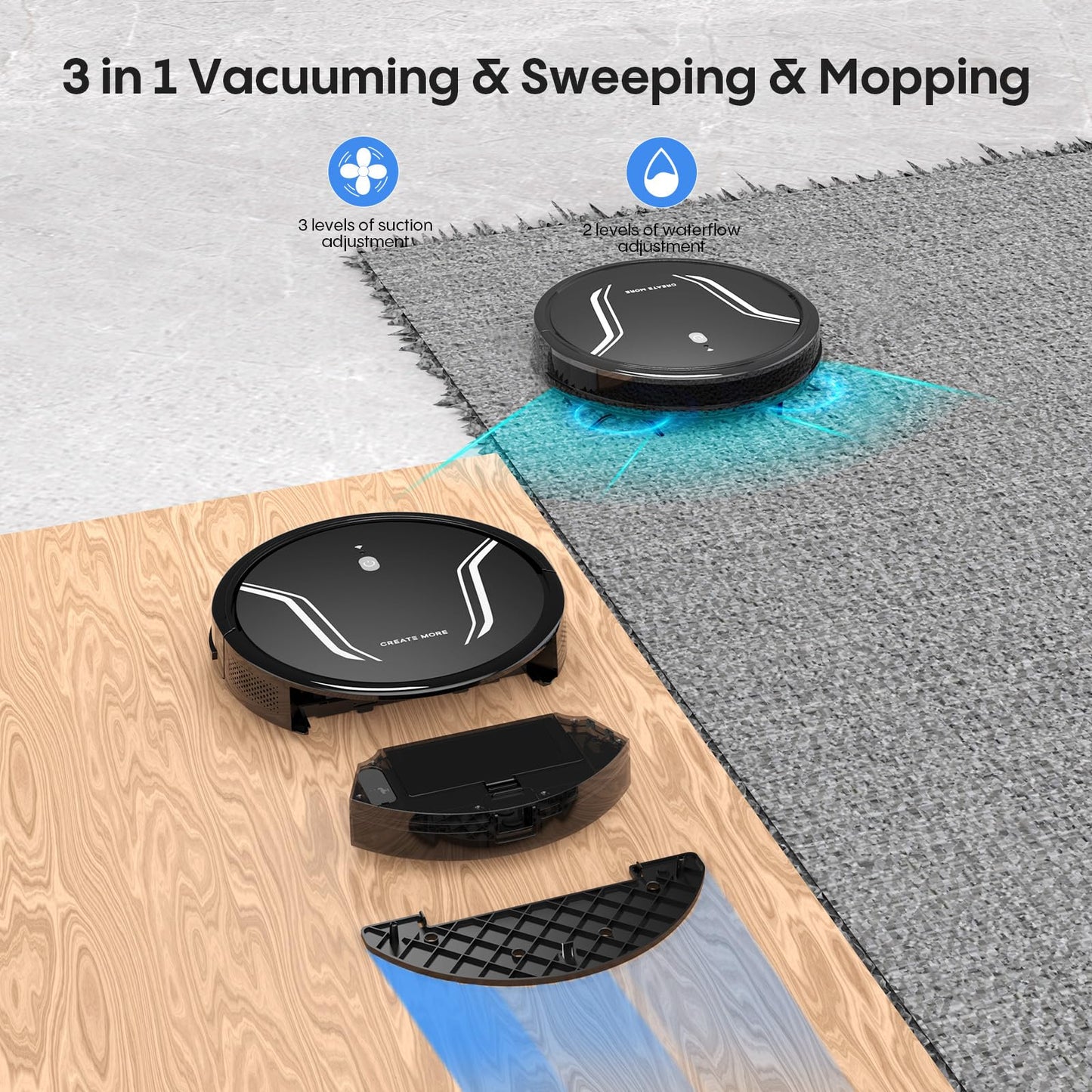 Bagotte Robot Vacuum and Mop, 5000Pa Mopping Robot Vacuum Cleaner with 3-in-1 Robotic Vacuum Cleaner, Multiple Cleaning Modes, Self-Charging, WiFi/Alexa/App, Ideal for Hard Floor, Pet Hair，Debris