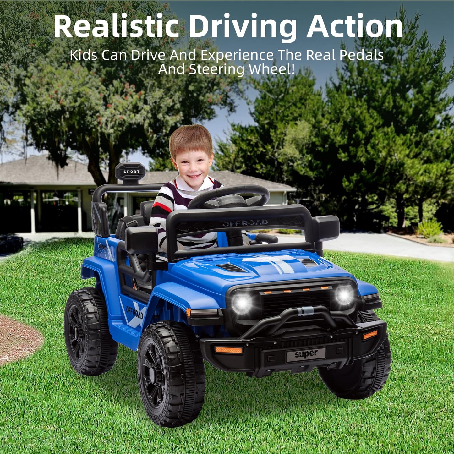 Ride On Truck Car, 12V Ride On Toy w/Parent Remote Control, Steering Wheel Music, 4-Wheel Spring Suspension, Led Lights, 2 Speeds, Kids Electric Vehicles for Age 3-5, Blue